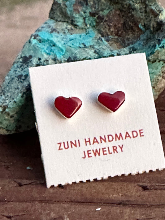 Handcrafted Red Coral & Sterling Silver Heart Stud Earrings