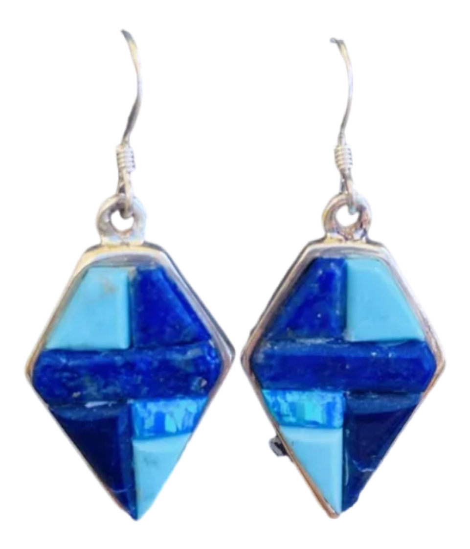 Handcrafted Sterling Silver & Multi Stone Inlay Dangle Earrings