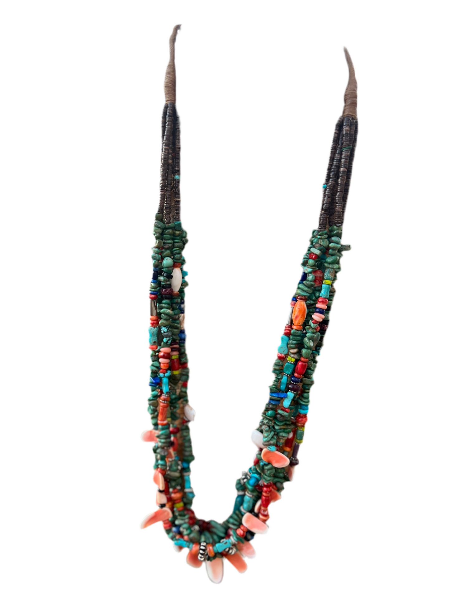 Gorgeous Handcrafted Made Six Strand Turquoise and Spiny Oyster Beaded Squaw Wrap Necklace, Green
