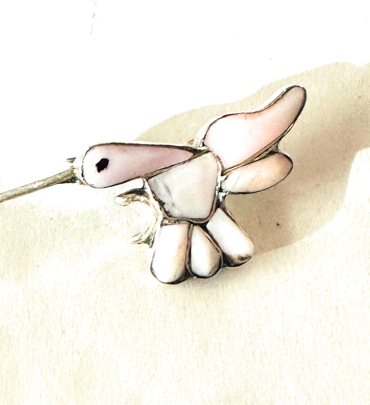 Handcrafted Mother of Pearl & Sterling Silver Hummingbird Brooch