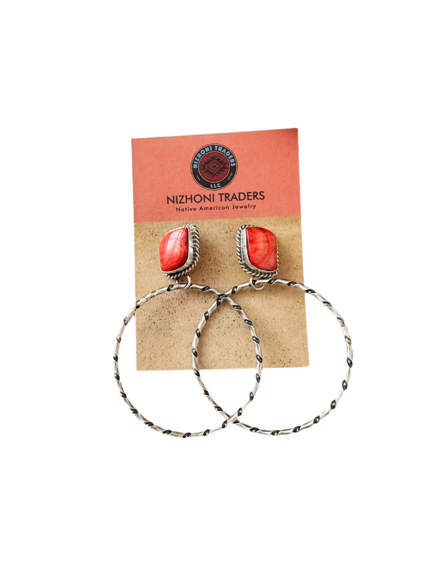 Handcrafted Orange Spiny and Sterling Silver Dangle Hoop Earrings