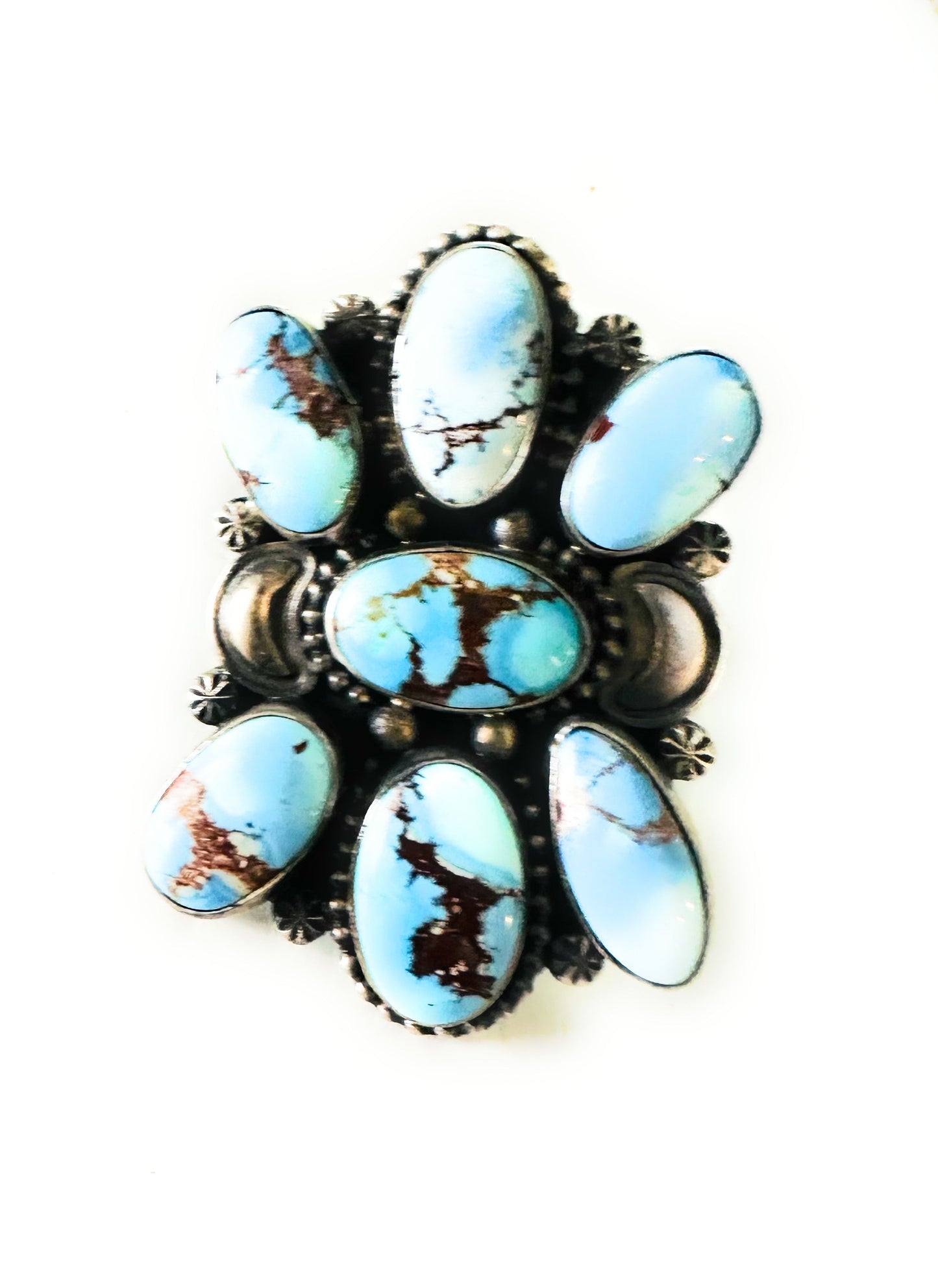 Handcrafted Golden Hills Turquoise & Sterling Silver Cluster Ring Size 10