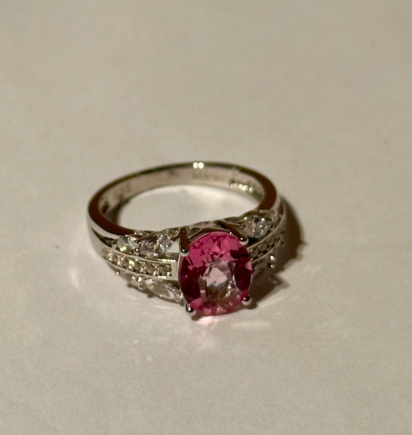 Pink Topaz & CZ Oval Shape Sterling Silver Ring Size 6
