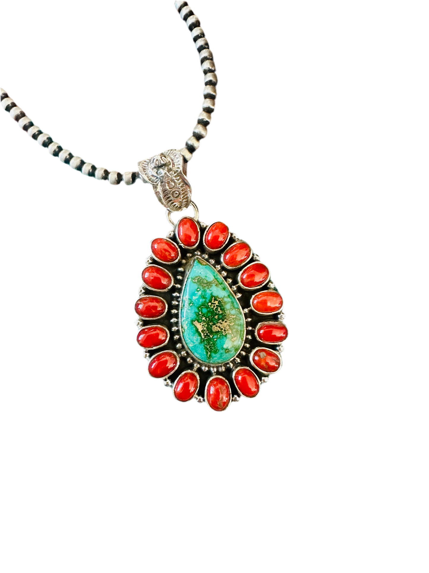 ** Christmas Collection ** Handmade Sterling Silver, Coral & Turquoise Cluster Pendant Signed Nizhoni