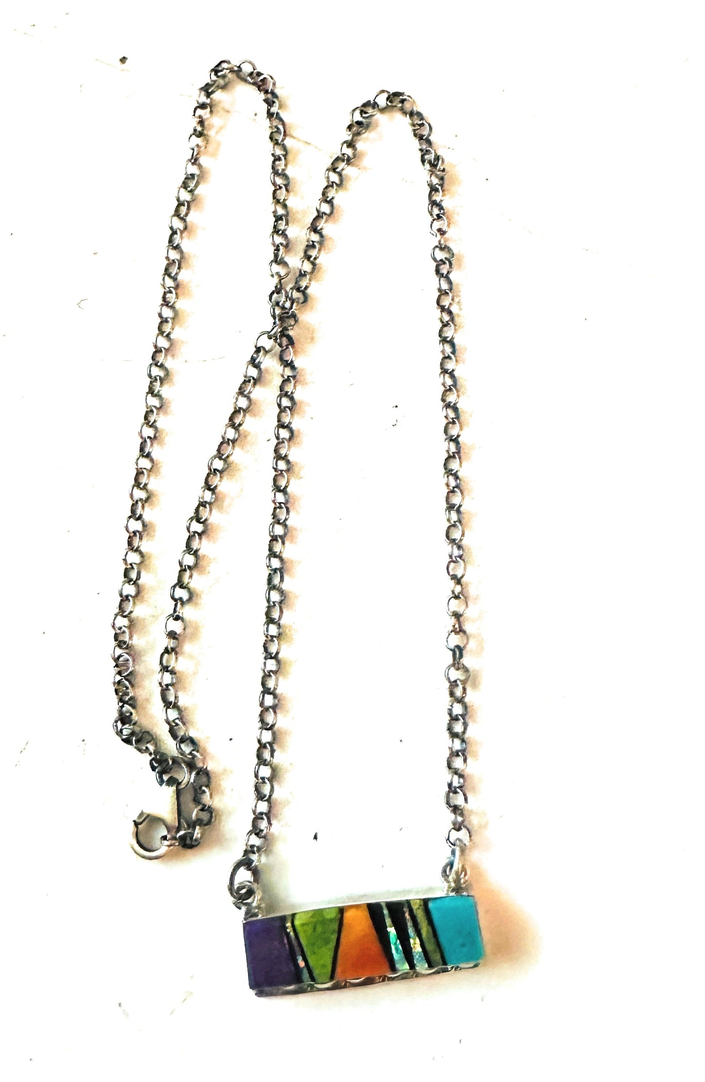 Handcrafted Multi Stone & Sterling Silver Inlay Bar Necklace