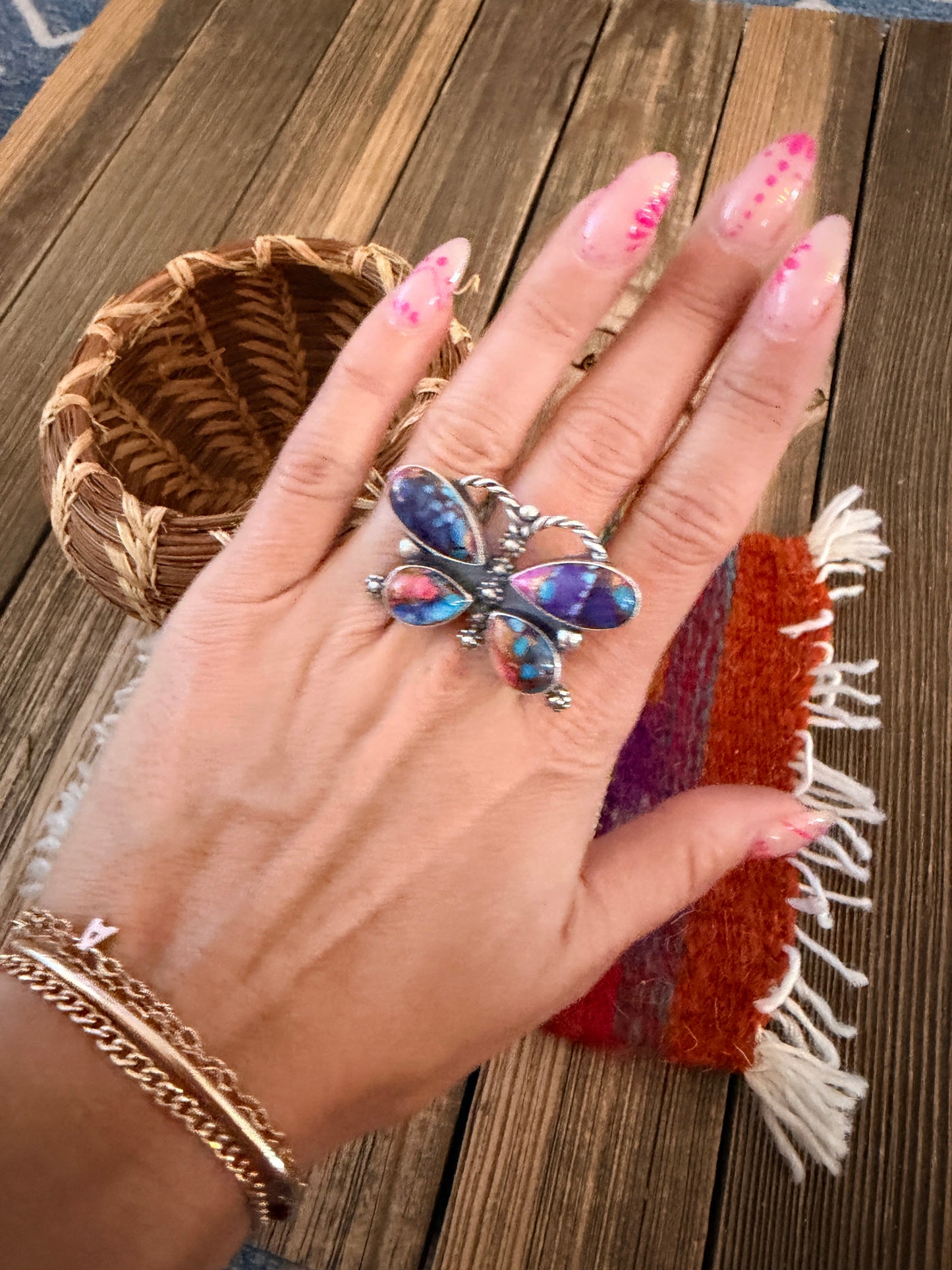 Handcrafted Pink Dream Mojave & Sterling Silver Adjustable Butterfly Ring
