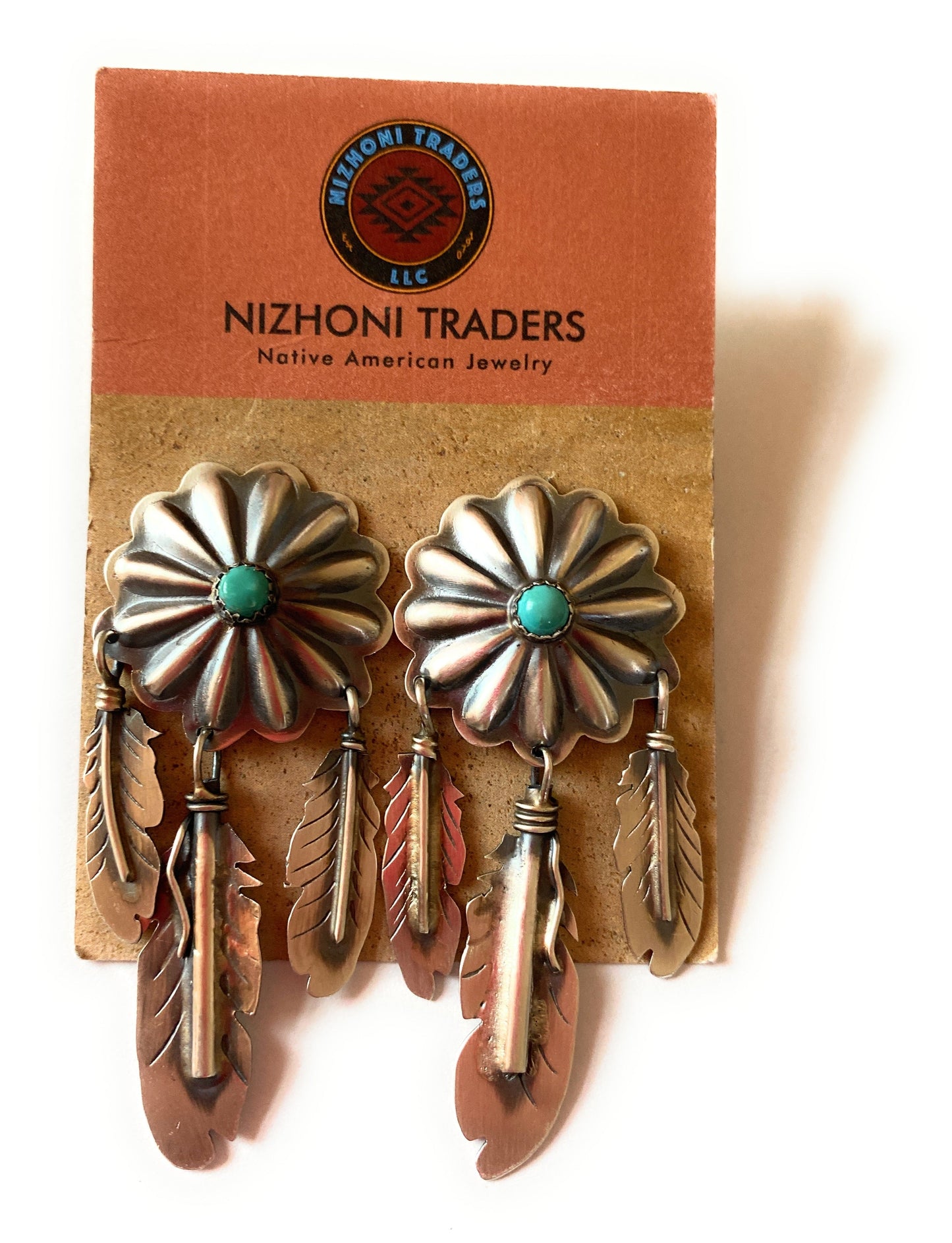 Handcrafted Sterling Silver & Turquoise Concho Feather Dangle Earrings