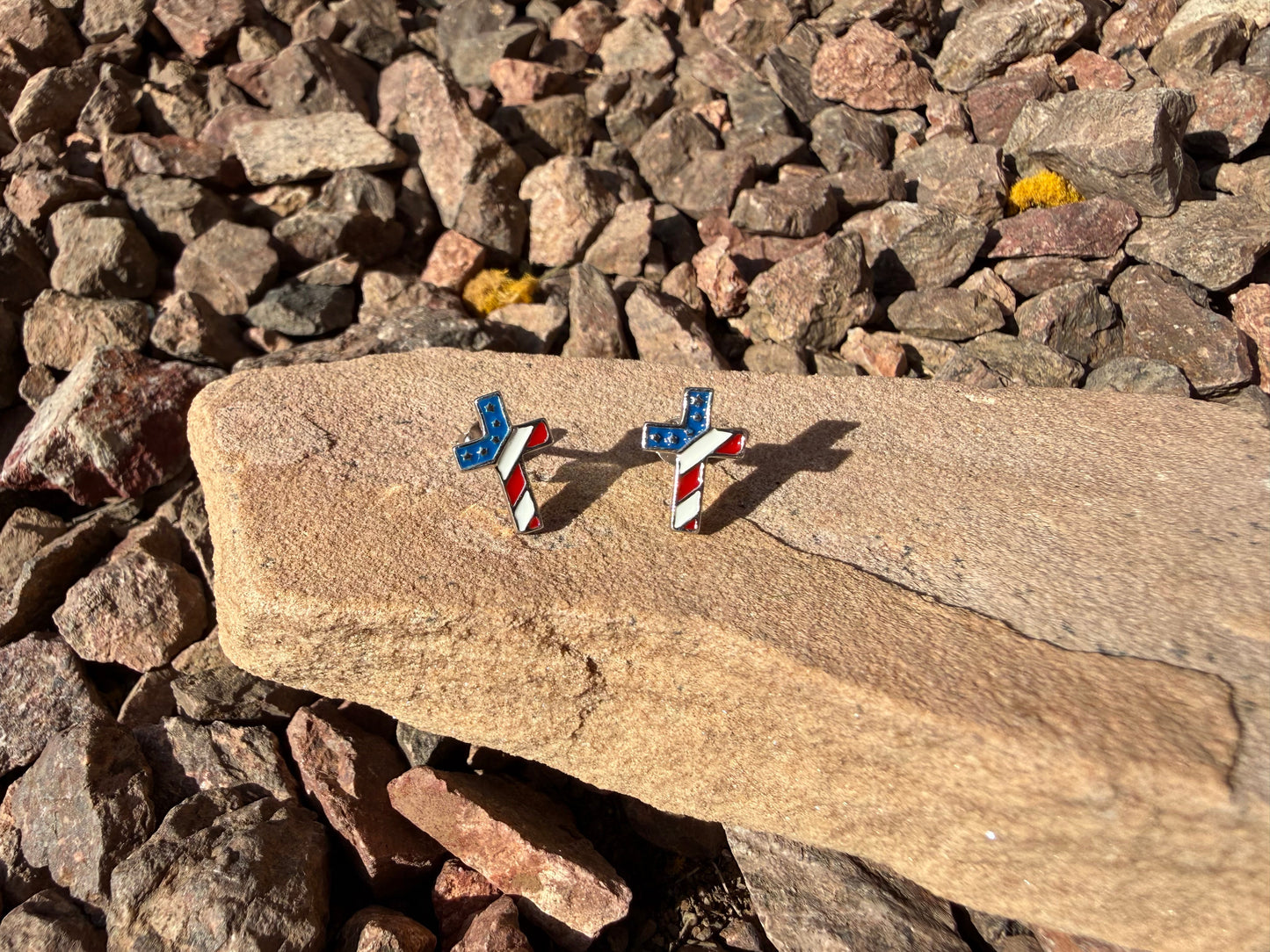 Fourth Of July American Flag Cross Sterling Silver Stud Earrings