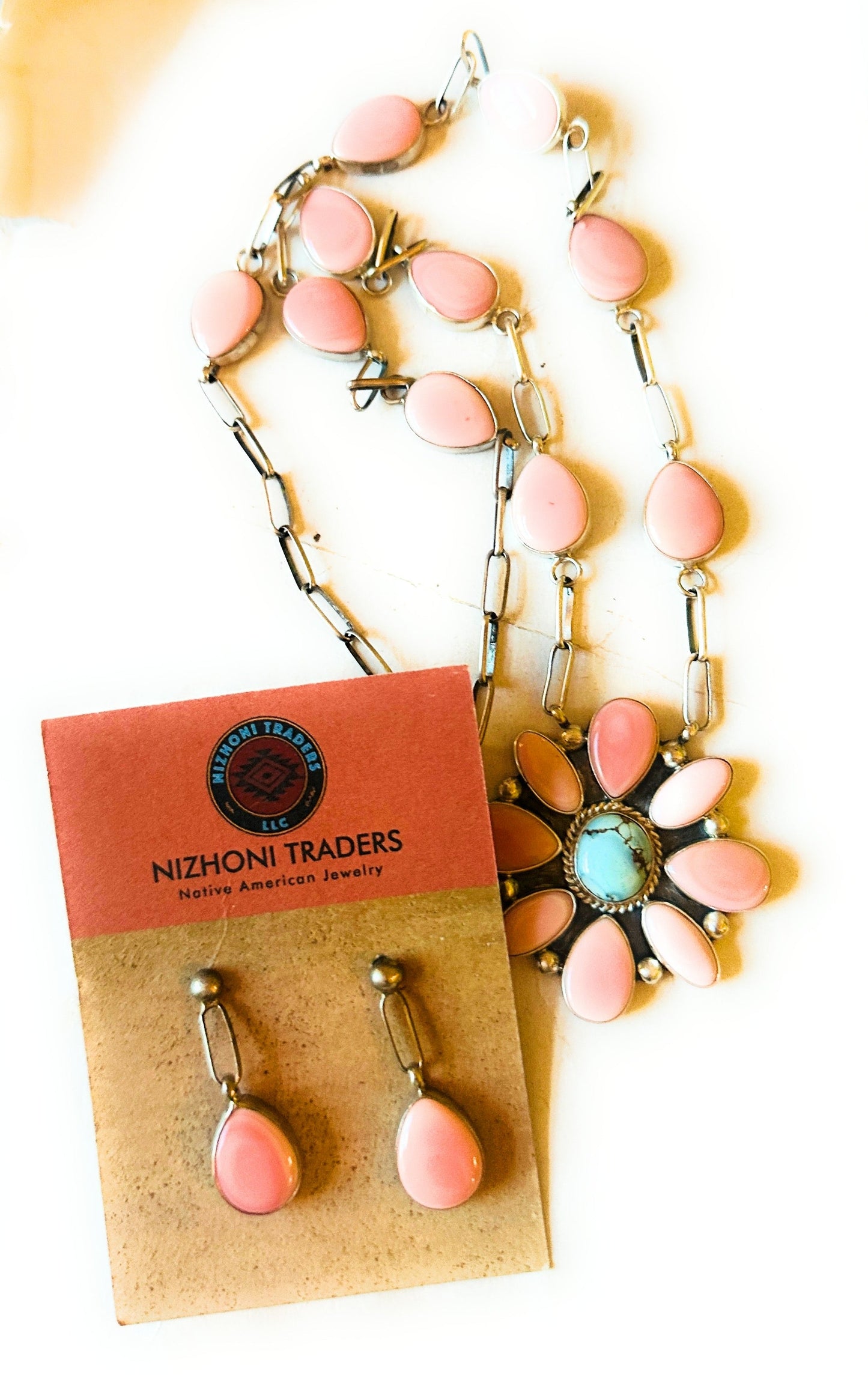 Handcrafted Queen Pink Conch, Turquoise & Sterling Silver Cluster Necklace Set