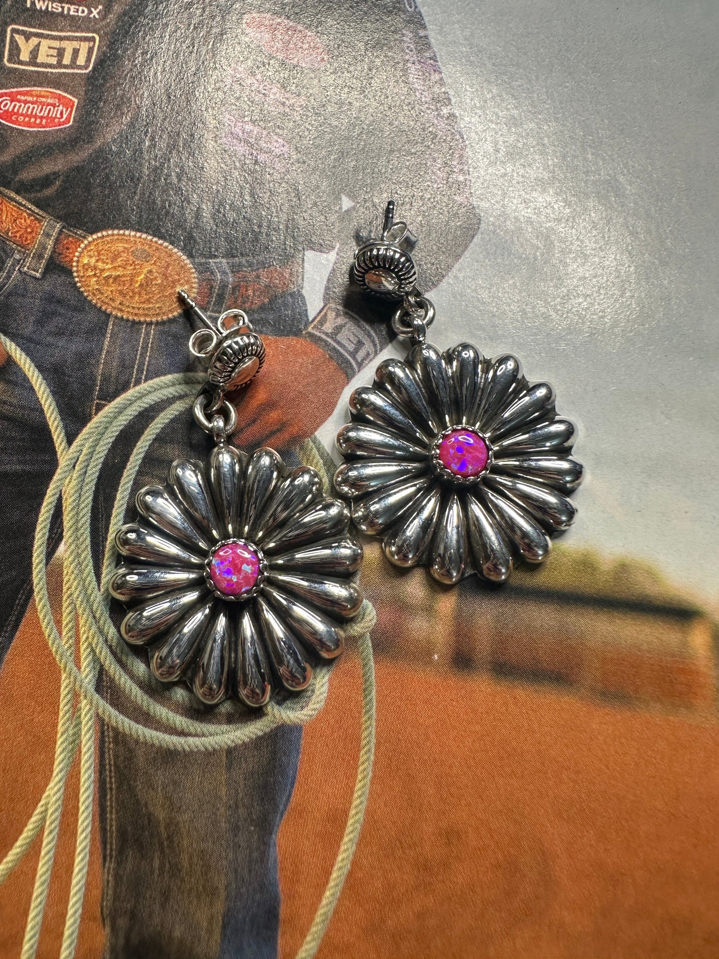 Handmade Sterling Silver & Hot Pink Fire Opal Flower Earrings
