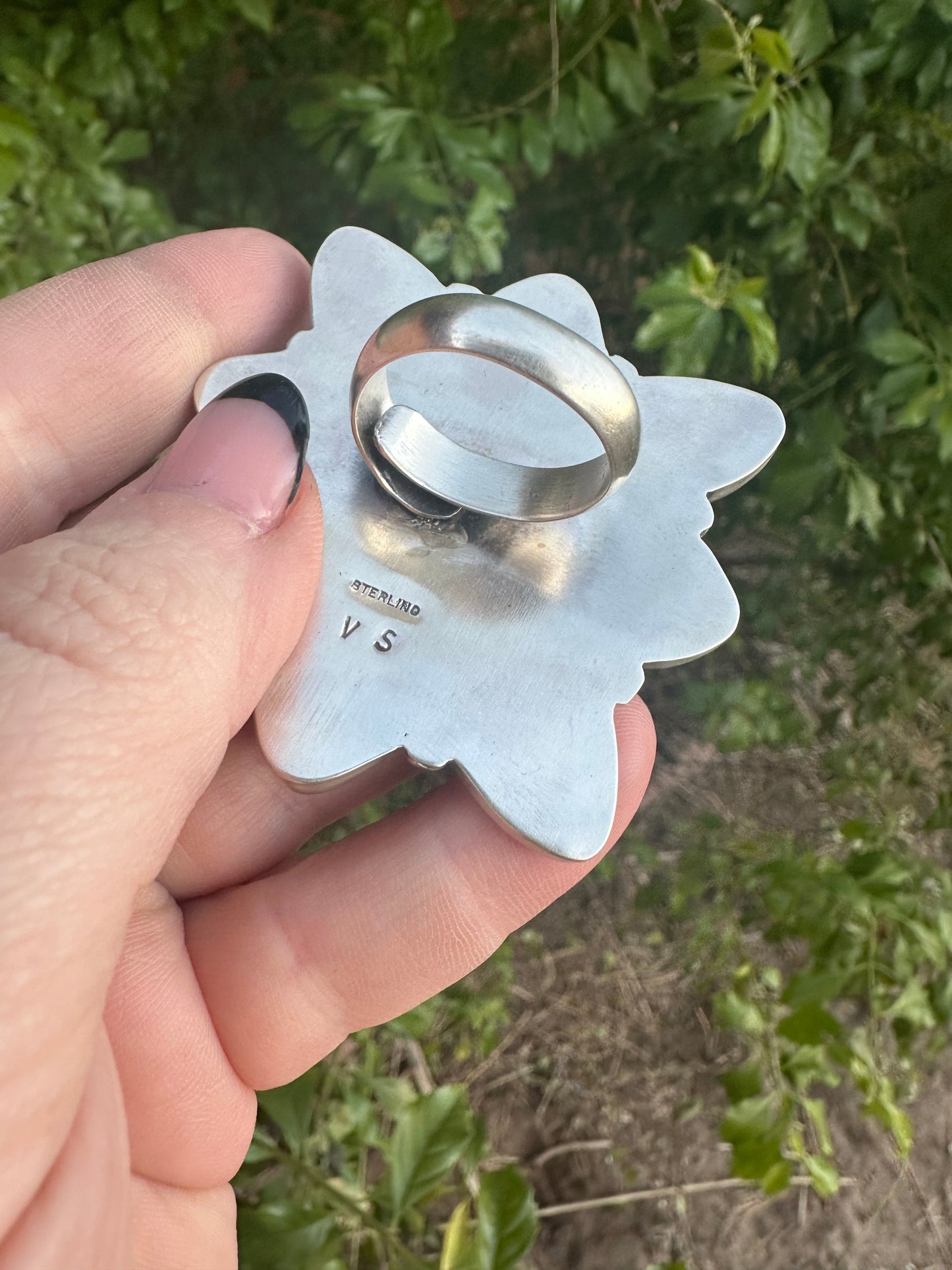 Handcrafted Golden Hills Turquoise, Pink Conch, and Sterling Silver Adjustable Ring Signed