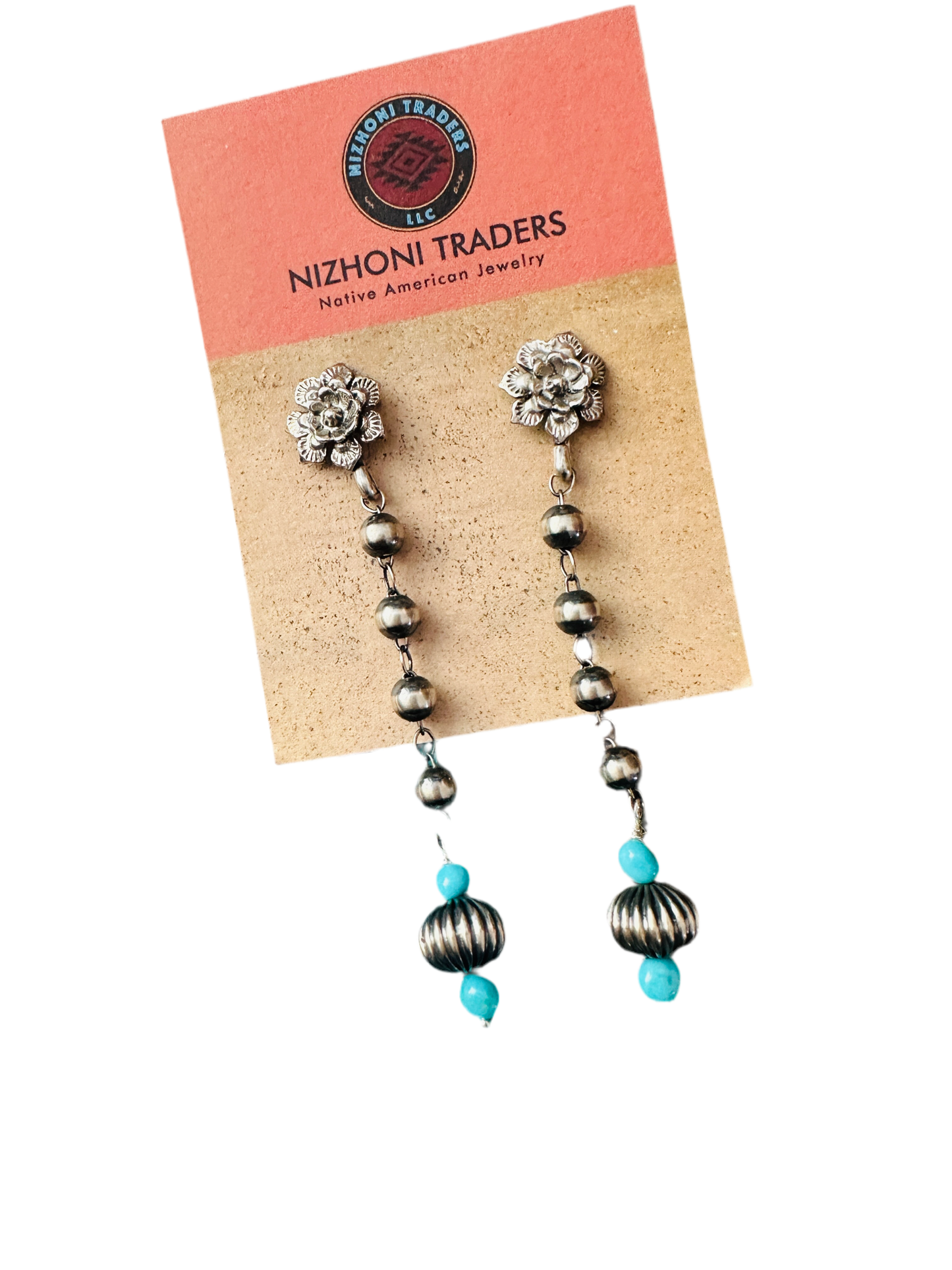 Handcrafted Turquoise & Sterling Silver Pearl Beaded Flower Dangle Earrings