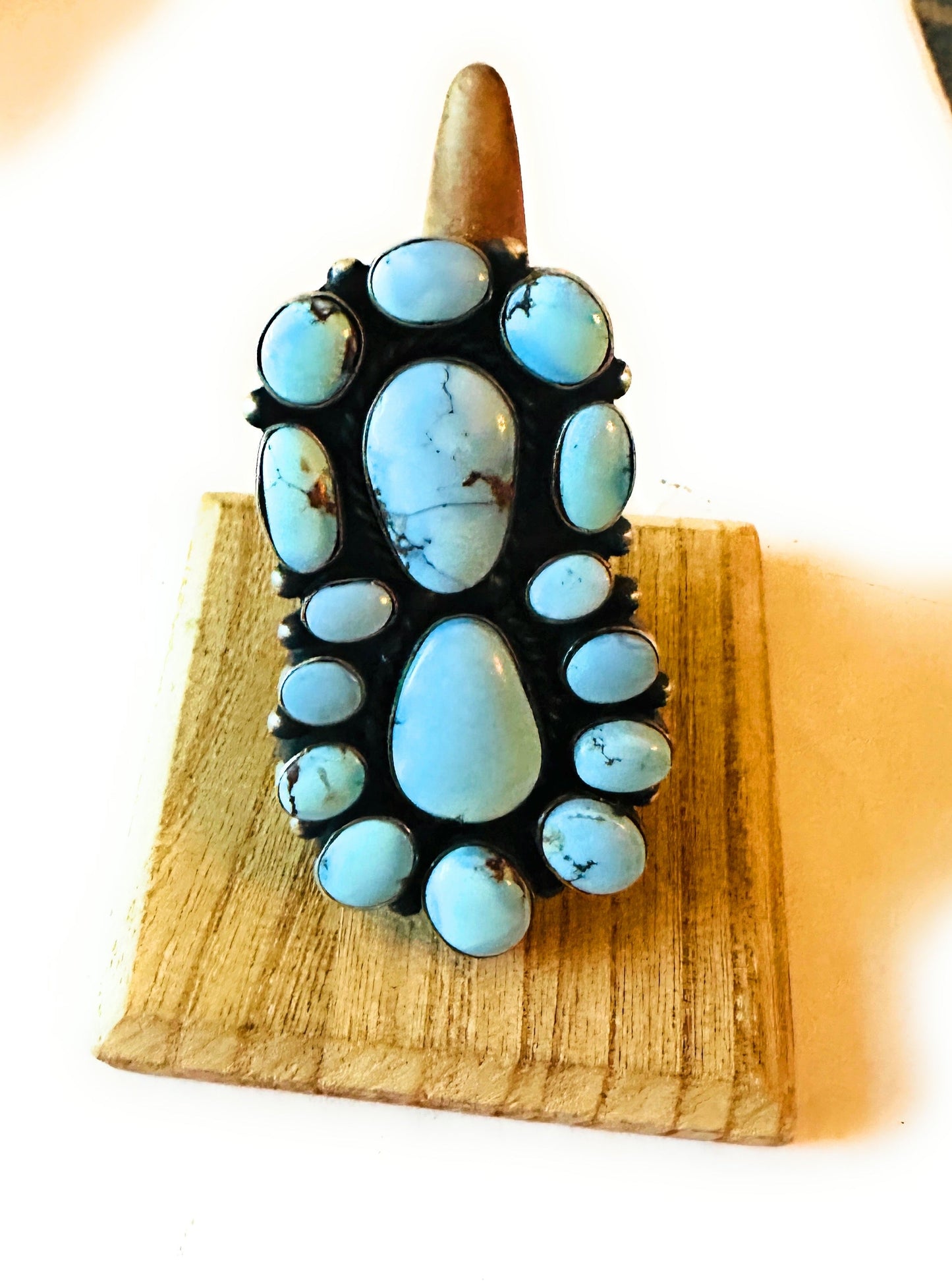 Handcrafted Golden Hills Turquoise & Sterling Silver Cluster Ring Size 8.25