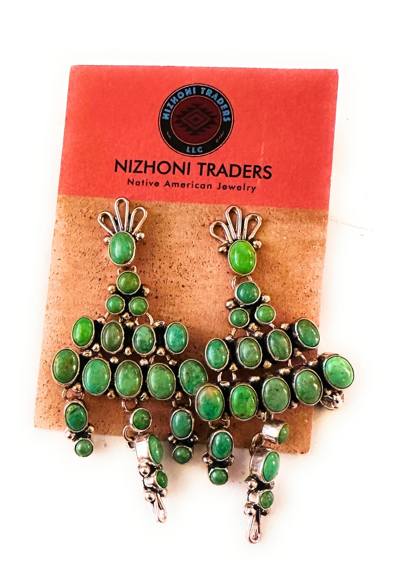 Handcrafted Green Turquoise & Sterling Silver Cluster Dangle Earrings