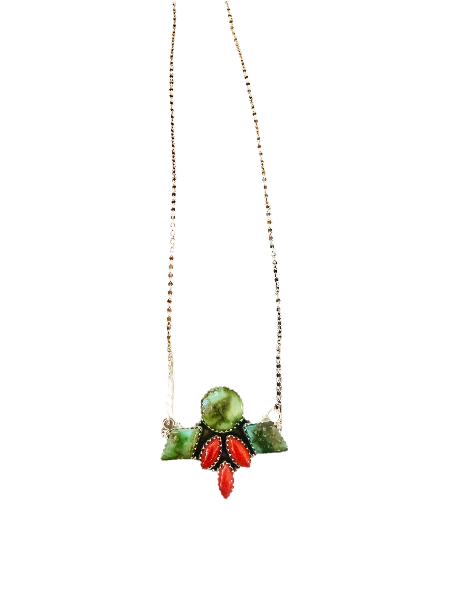 ** Christmas Collection ** Handmade Sterling Silver, Turquoise & Coral Necklace Signed Nizhoni