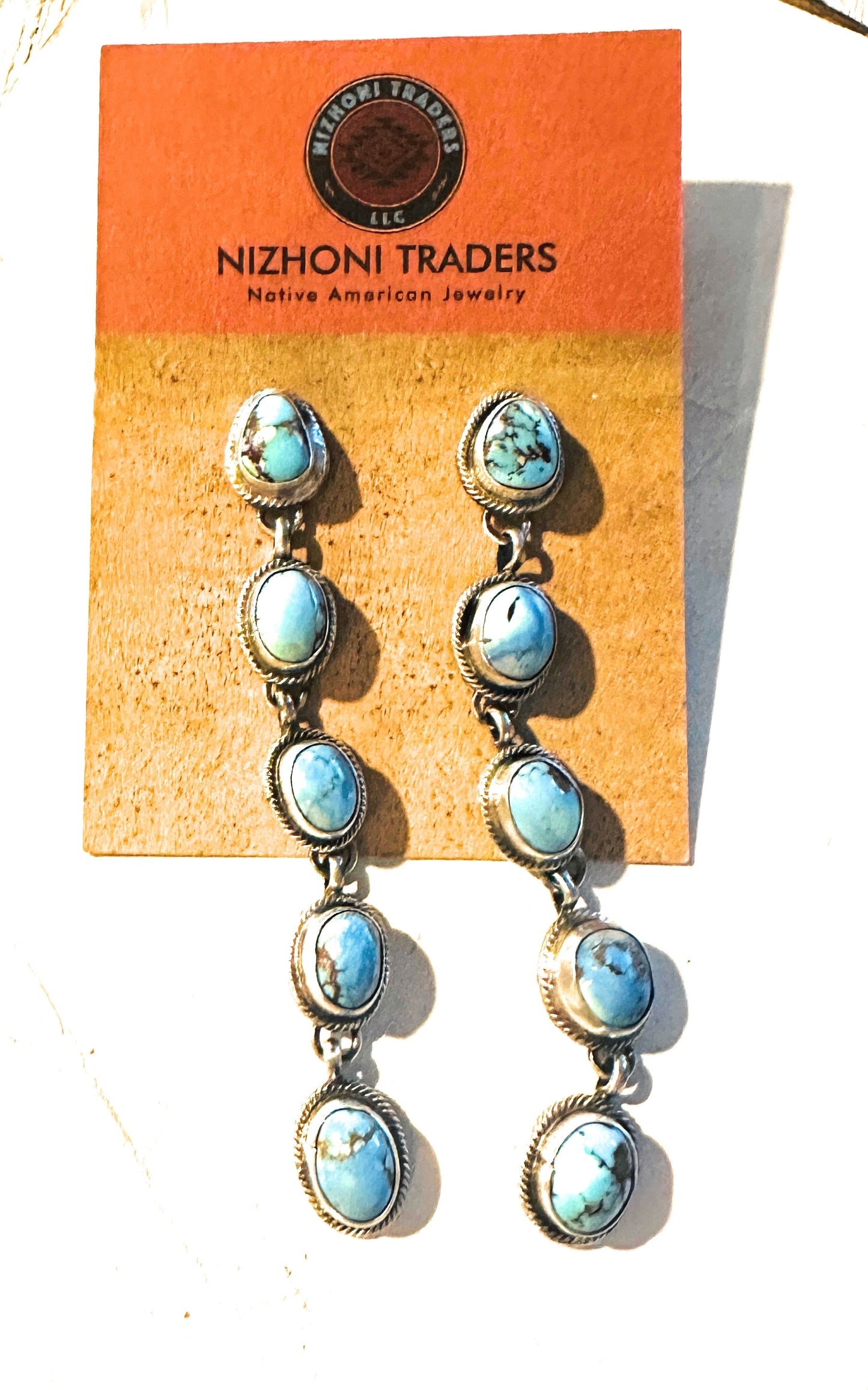 Navajo Golden Hills Turquoise & Sterling Silver Cluster Dangle Earrings Signed