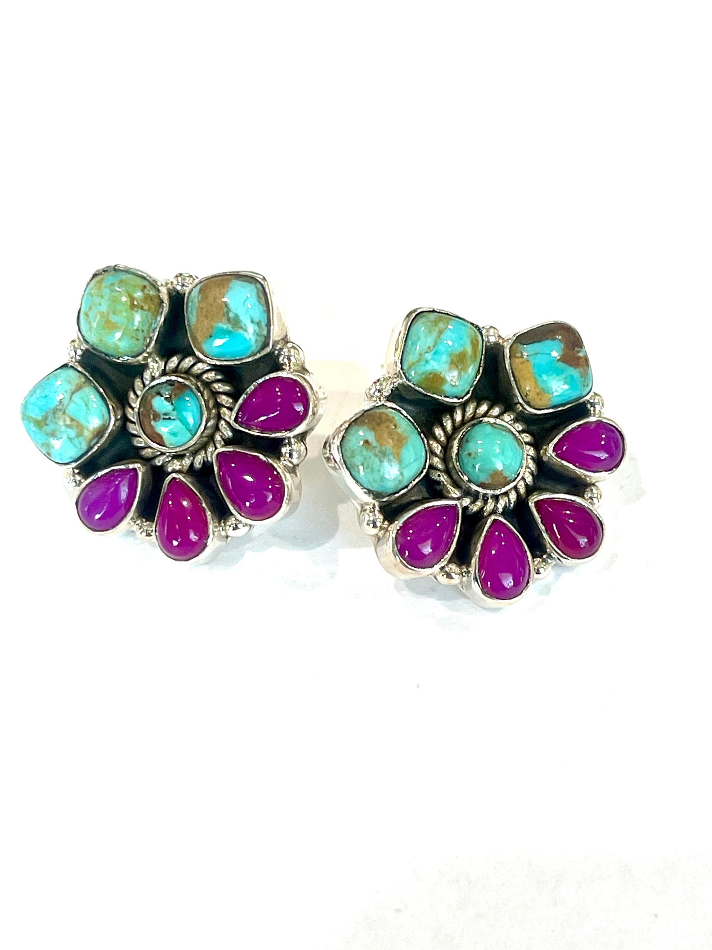 Handmade Sterling Silver, Pink Onyx and Turquoise Post Cluster Earrings