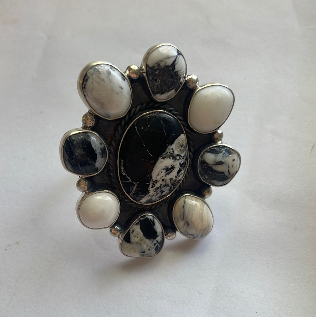 Handcrafted Sterling Silver & White Buffalo Large Adjustable Ring Signed