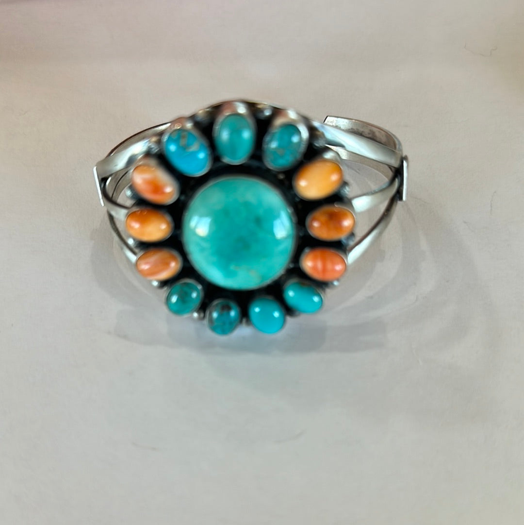 Handcrafted Sterling Silver, Turquoise & Orange Spiny Bracelet Cuff Signed Sheila Becenti