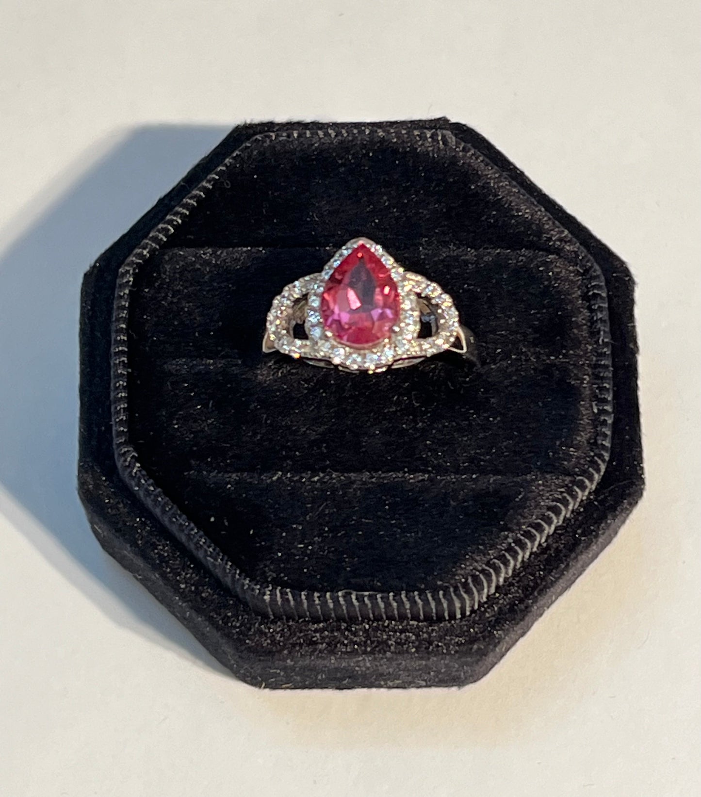 Pink Topaz & CZ Tear Drop Shape Sterling Silver Ring