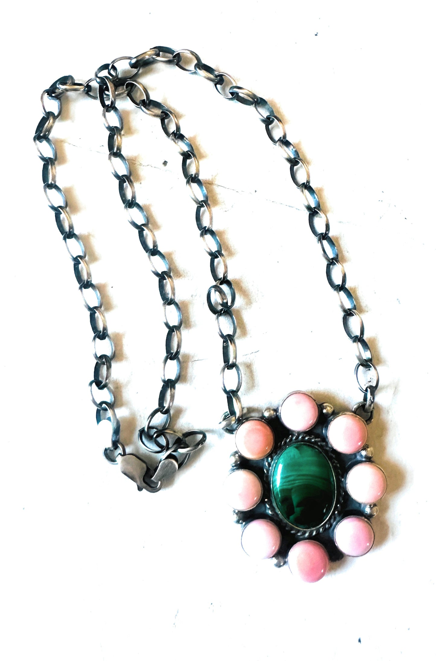 Handcrafted Sterling Silver, Queen Pink Conch Shell & Malachite Necklace