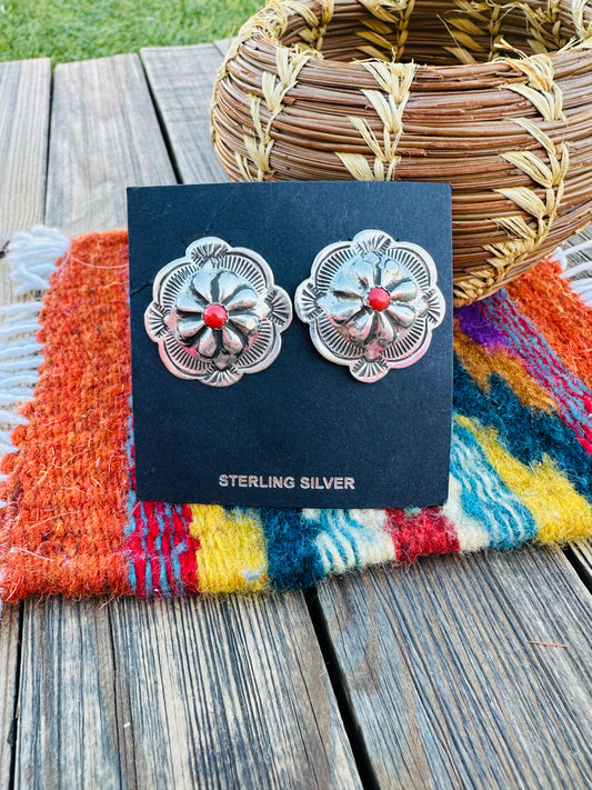 Handcrafted Coral & Sterling Silver Concho Post Earrings