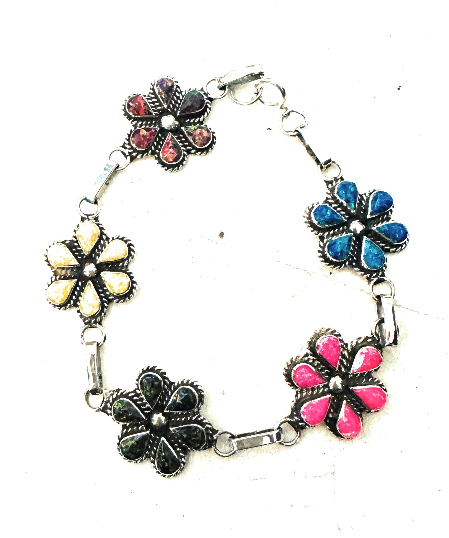Handcrafted Multicolor Opal & Sterling Silver Flower Link Bracelet