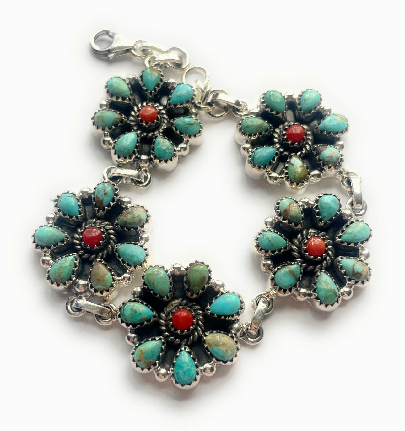 Handmade Sterling Silver Turquoise, & Coral Cluster Bracelet Signed Nizhonil