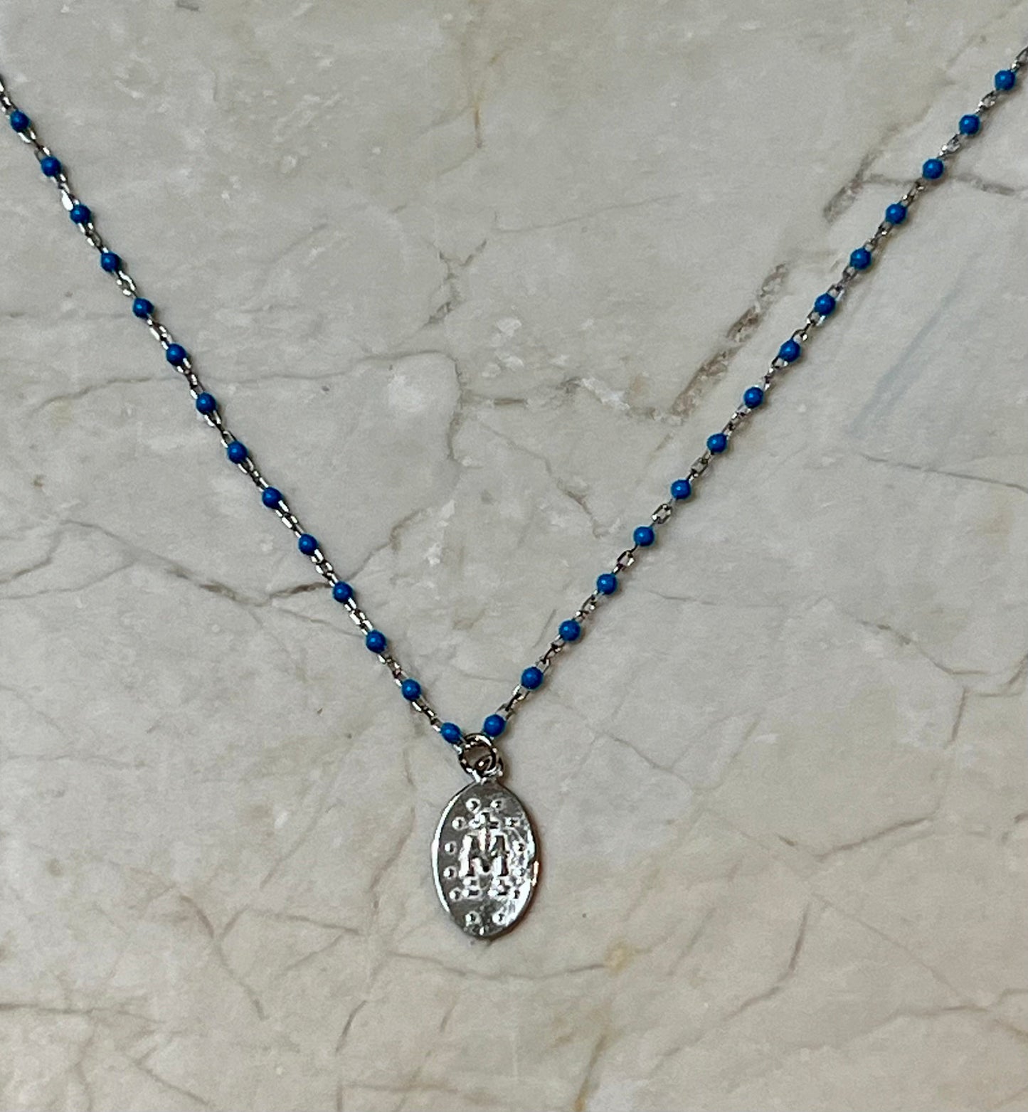 Turquoise Chip Saint Mary Pendant Sterling Silver Necklace