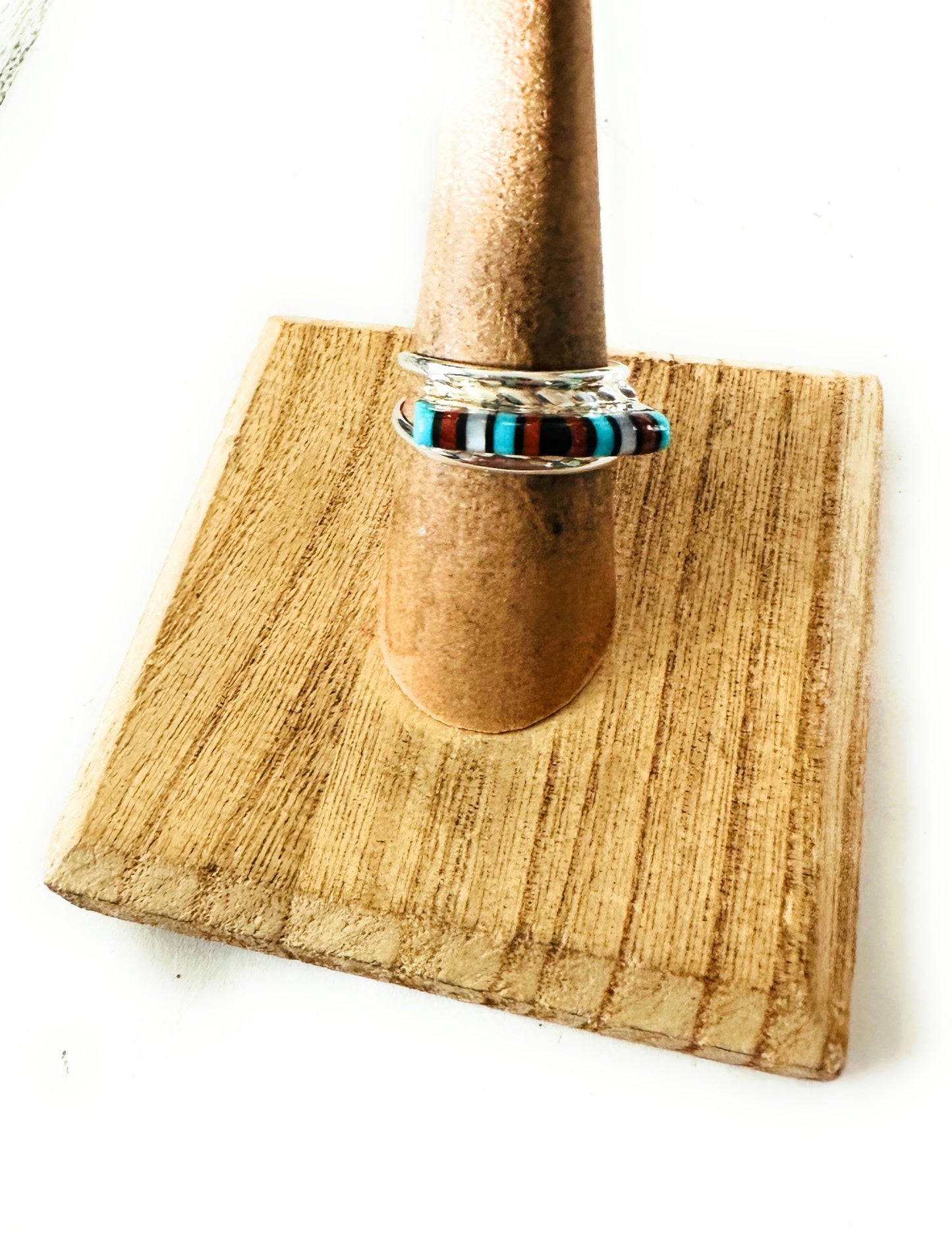 Handcrafted Sterling Silver & Multi Stone Inlay Band Ring Size 7