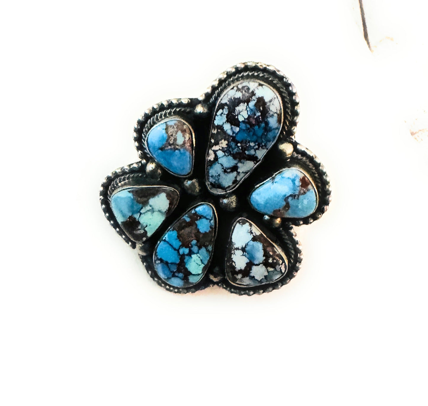 Handcrafted Golden Hills Turquoise & Sterling Silver Cluster Ring Size 6.5