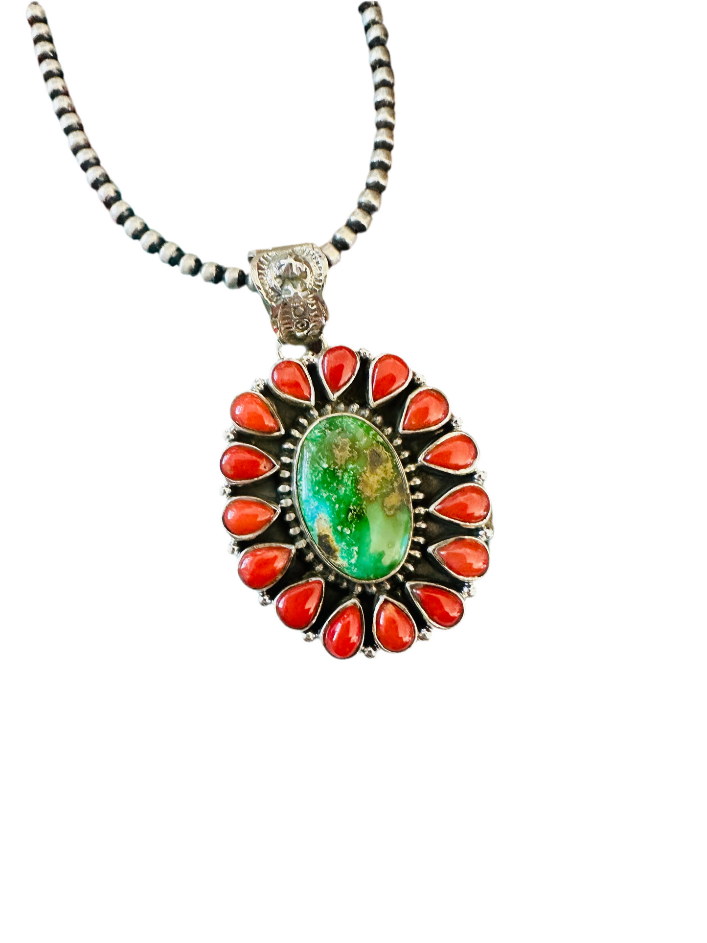 ** Christmas Collection ** Handmade Sterling Silver, Coral & Turquoise Cluster Pendant Signed Nizhoni