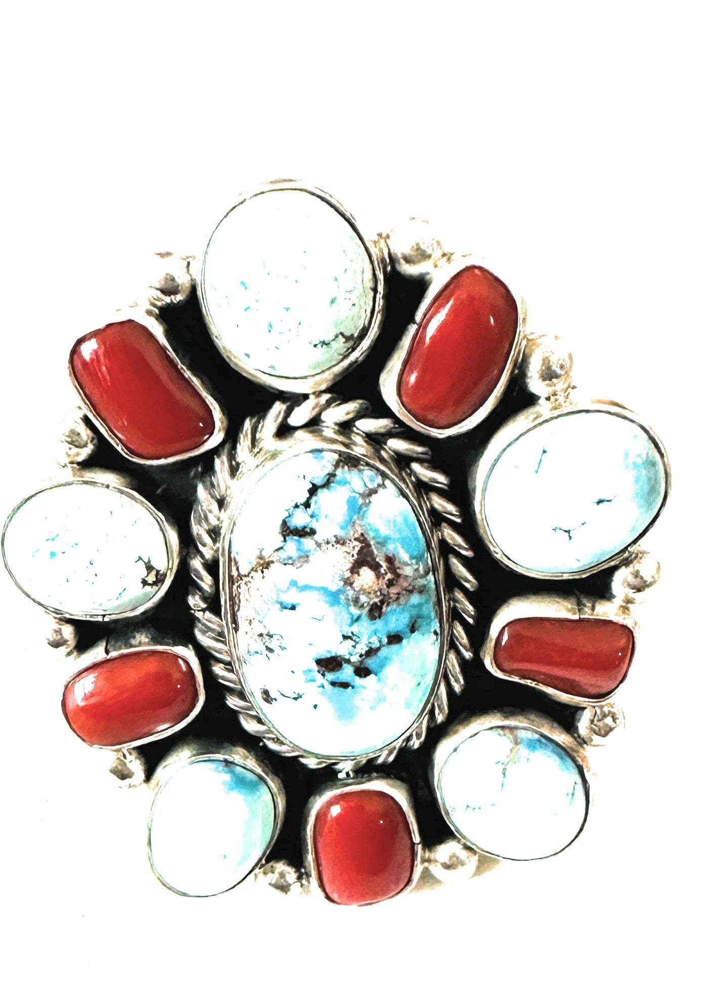 Handcrafted Golden Hills Turquoise, Coral & Sterling Silver Cluster Adjustable Ring
