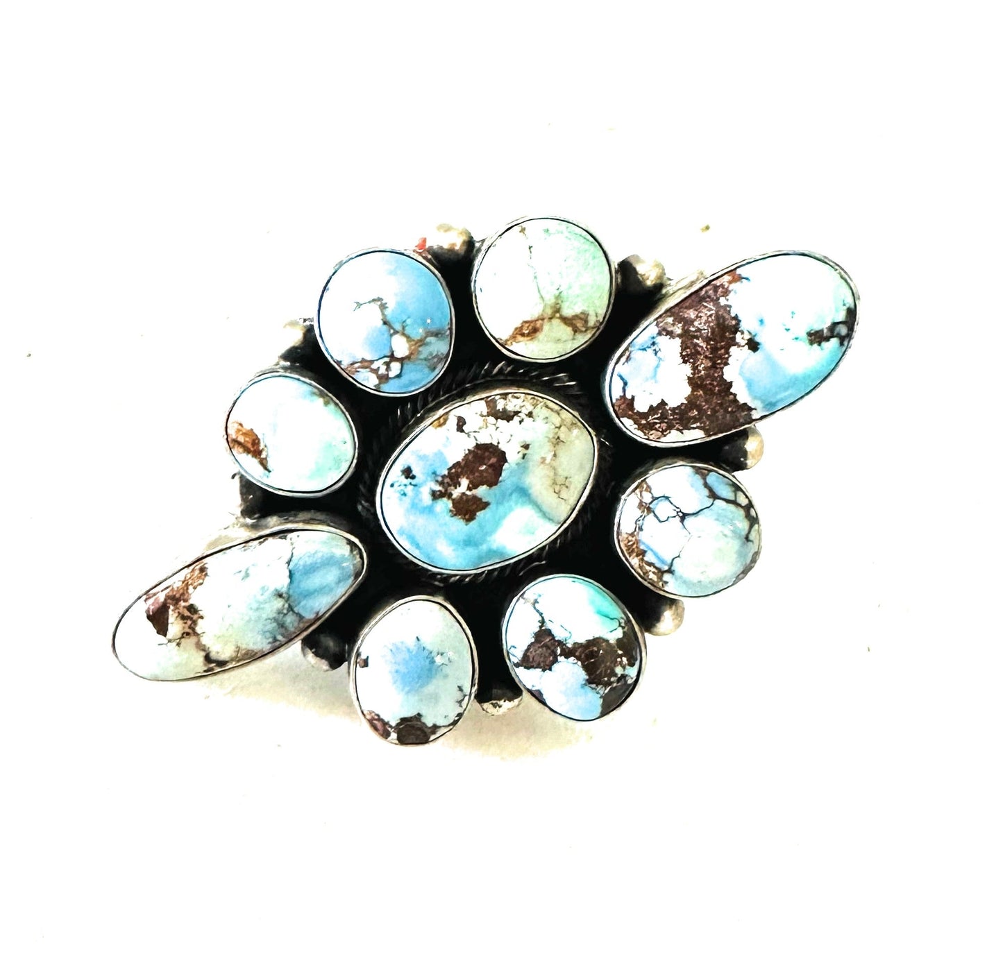 Handcrafted Golden Hills Turquoise & Sterling Silver Cluster Ring Size 9