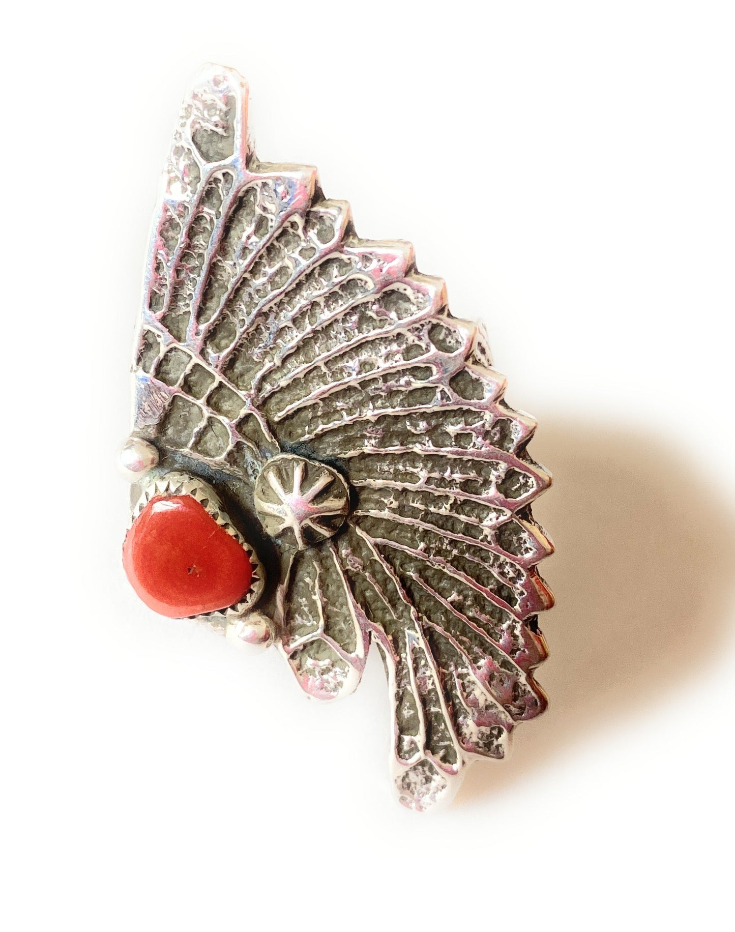 Handcrafted Coral & Sterling Silver Indian Chief Ring Size 9