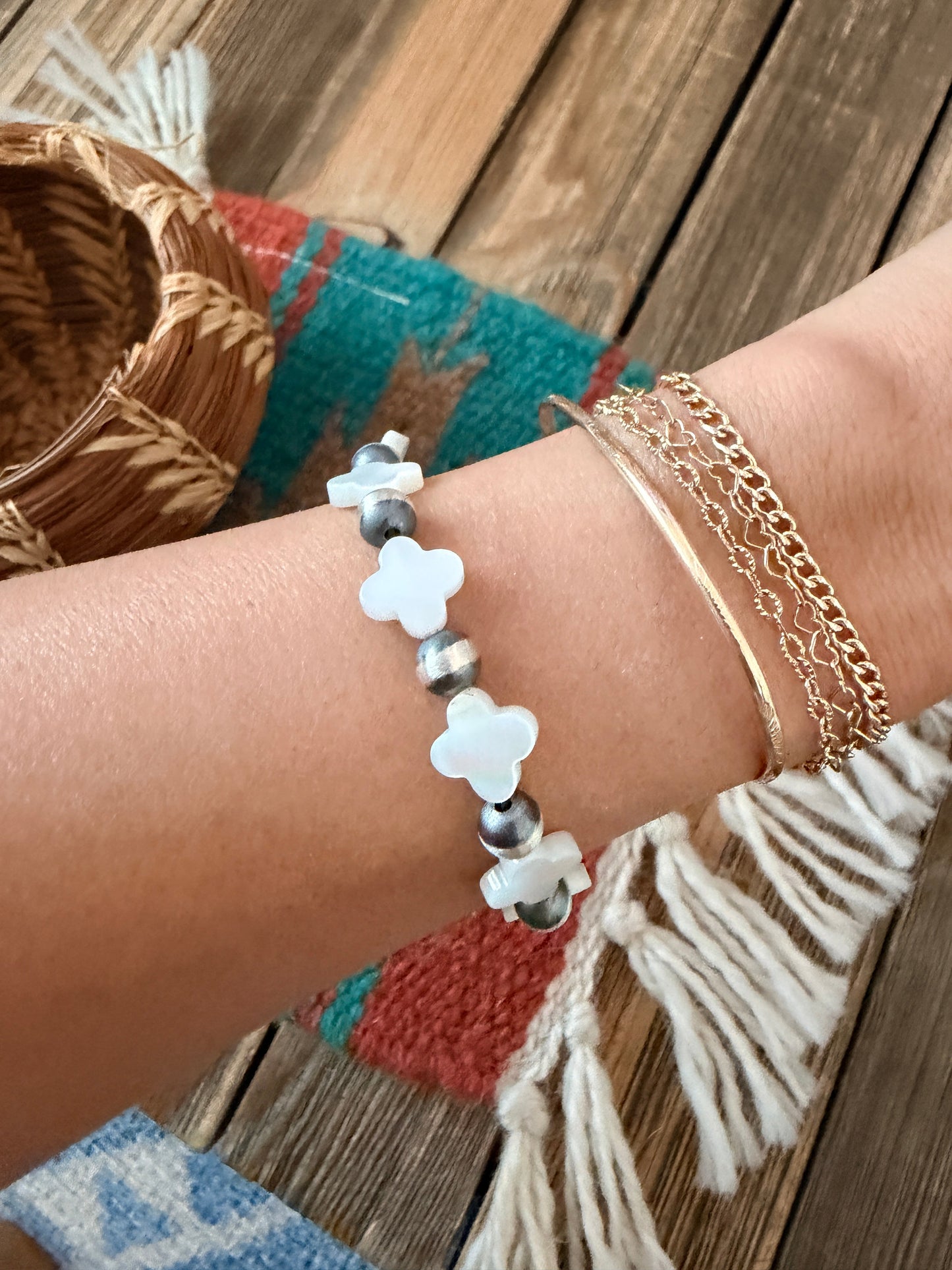 Handcrafted Mother of Pearl & Sterling Silver Pearl Cross Beaded Stretch Bracelet