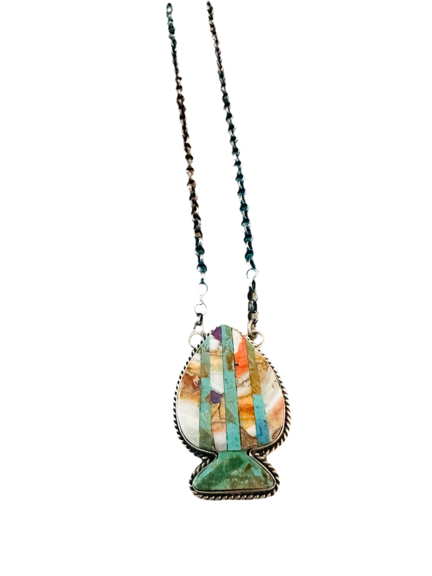 Handcrafted Sterling Silver & Multi Stone Inlay Spade Necklace