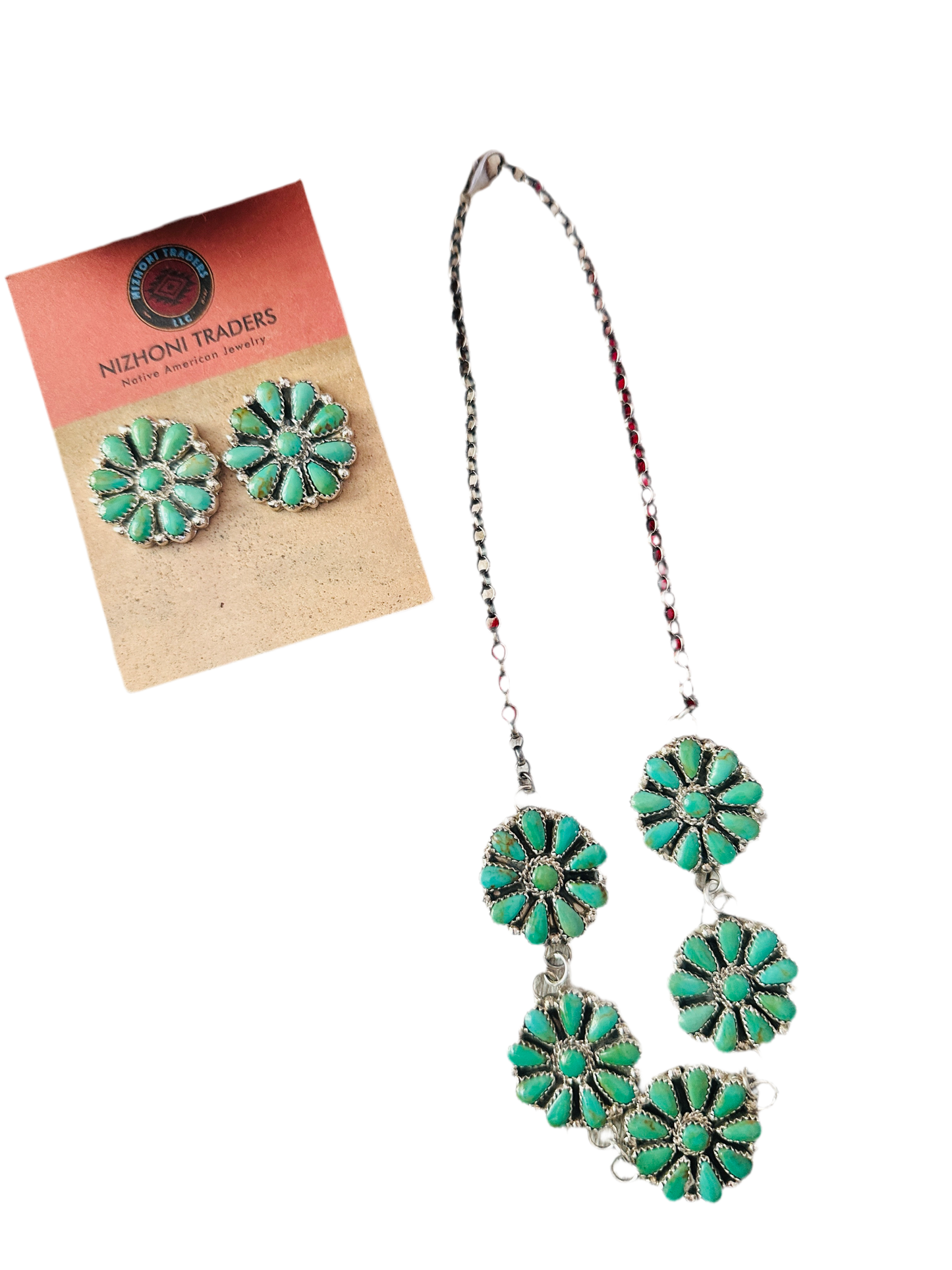 Handcrafted Sterling Silver & Turquoise Cluster Necklace and Earring Set