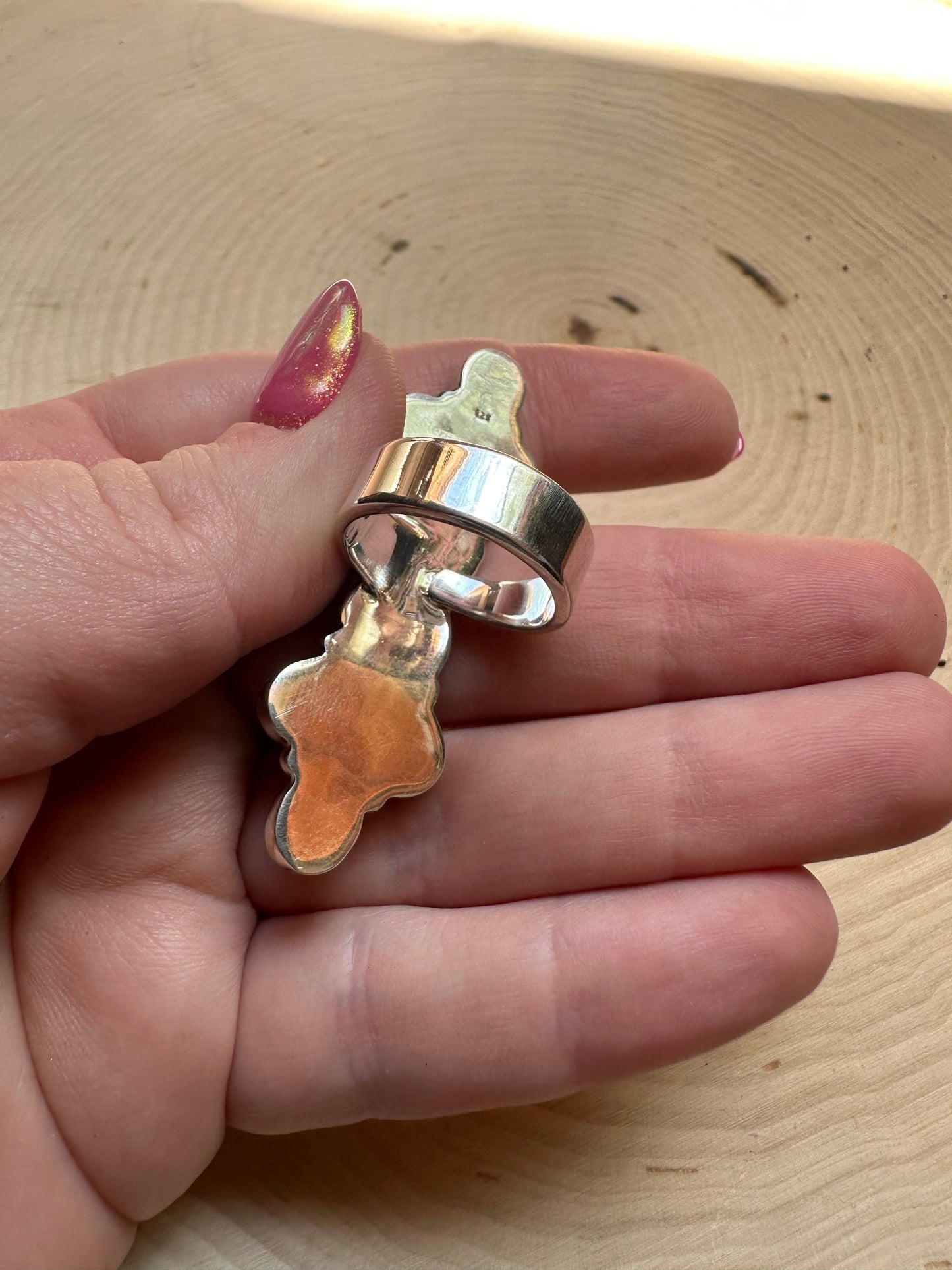 Handmade Lapis, Coral & Sterling Silver Adjustable Ring Signed Nizhoni