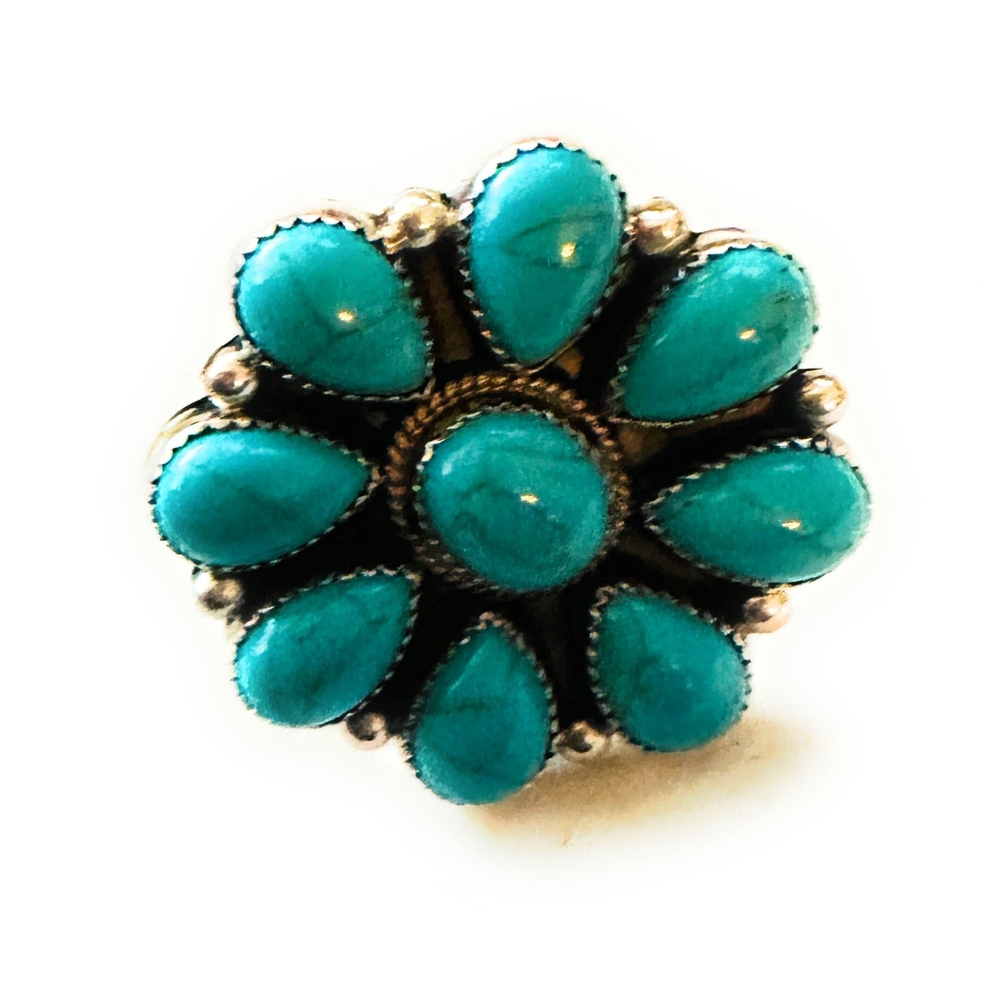 Handcrafted Sterling Silver & Kingman Turquoise Cluster Ring Size 8