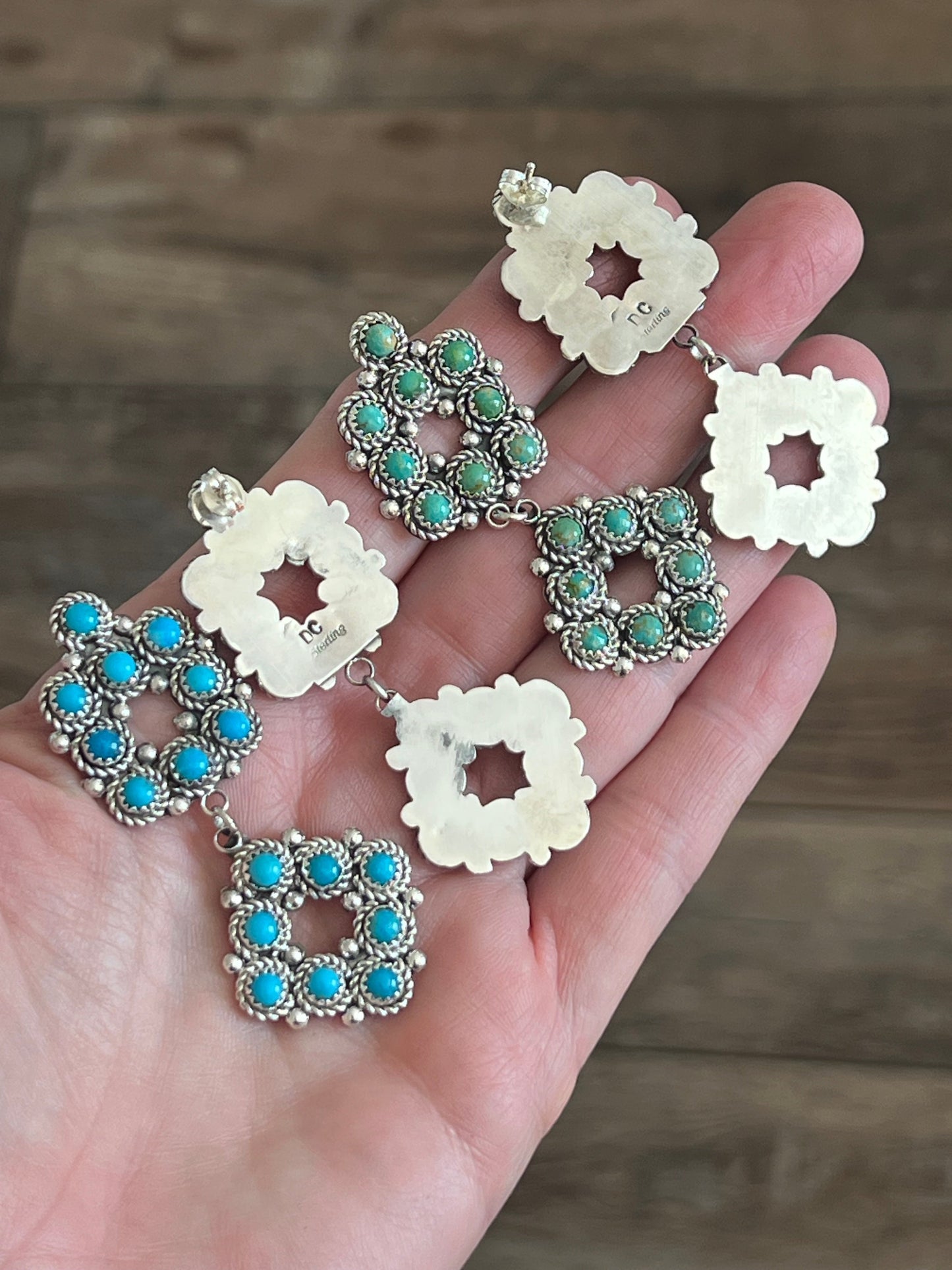 Handcrafted Sterling Silver and Snake Eye Turquoise Cluster Earrings by Dillon Cheama- Green