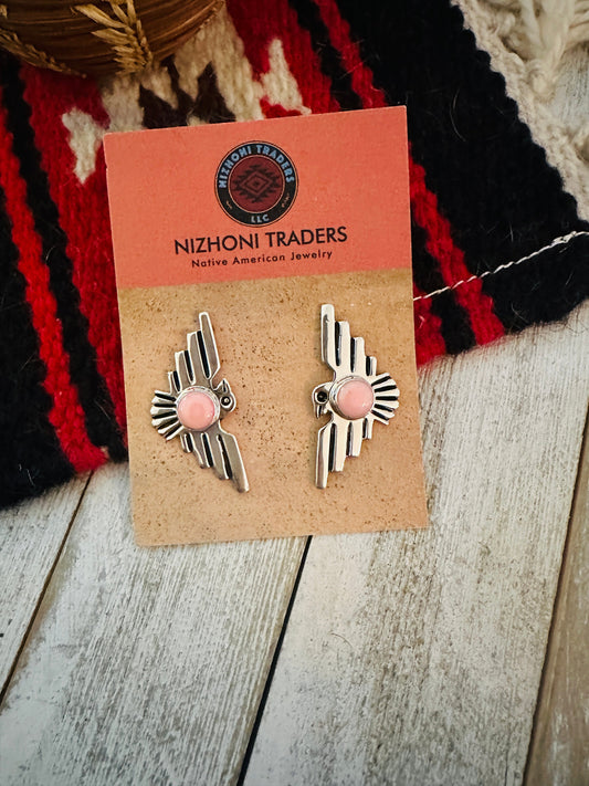Handcrafted Sterling Silver & Queen Pink Conch Thunderbird Post Earrings