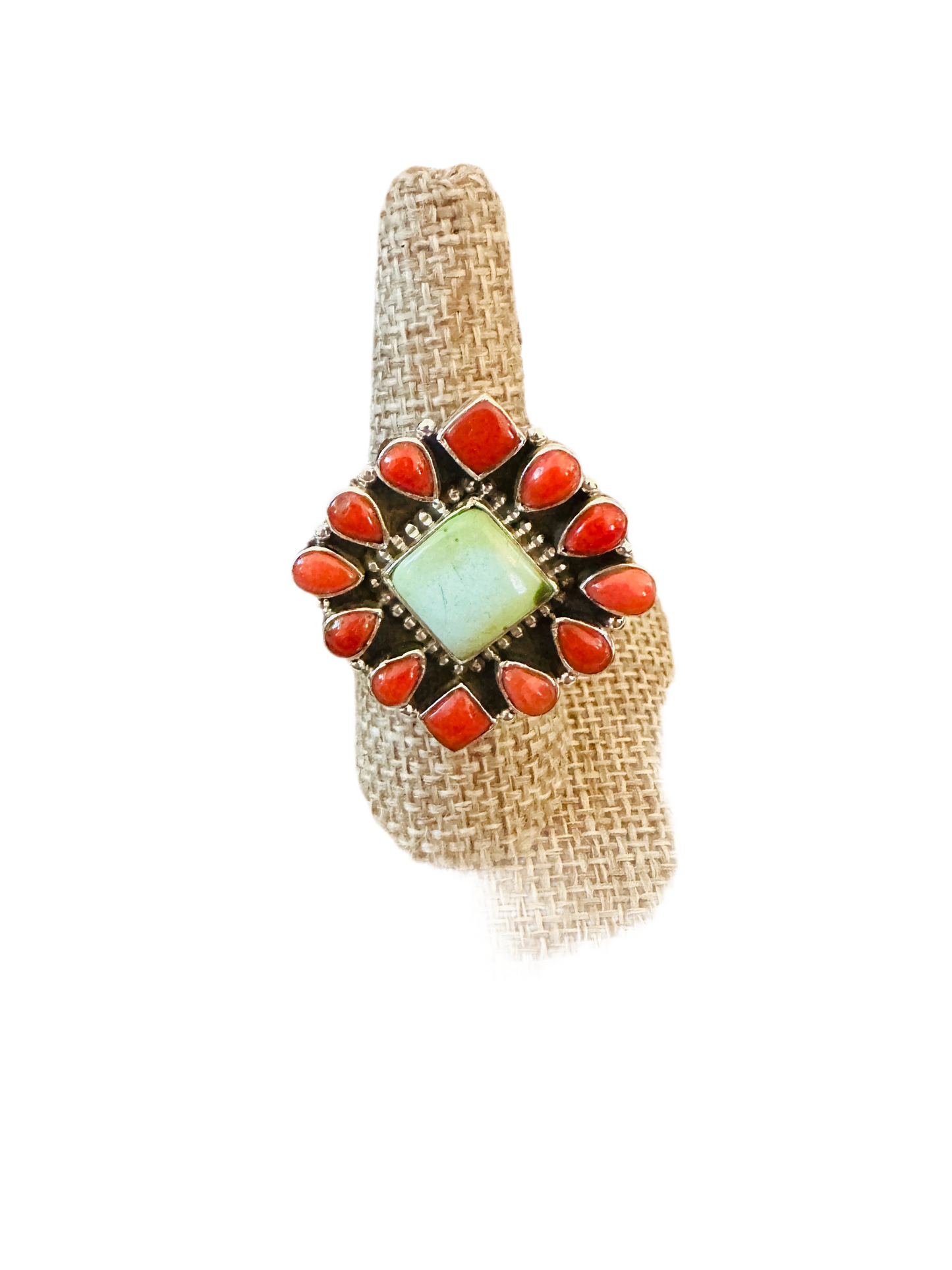 ** Christmas Collection ** Handmade Sterling Silver, Turquoise & Coral Adjustable Ring Signed Nizhoni