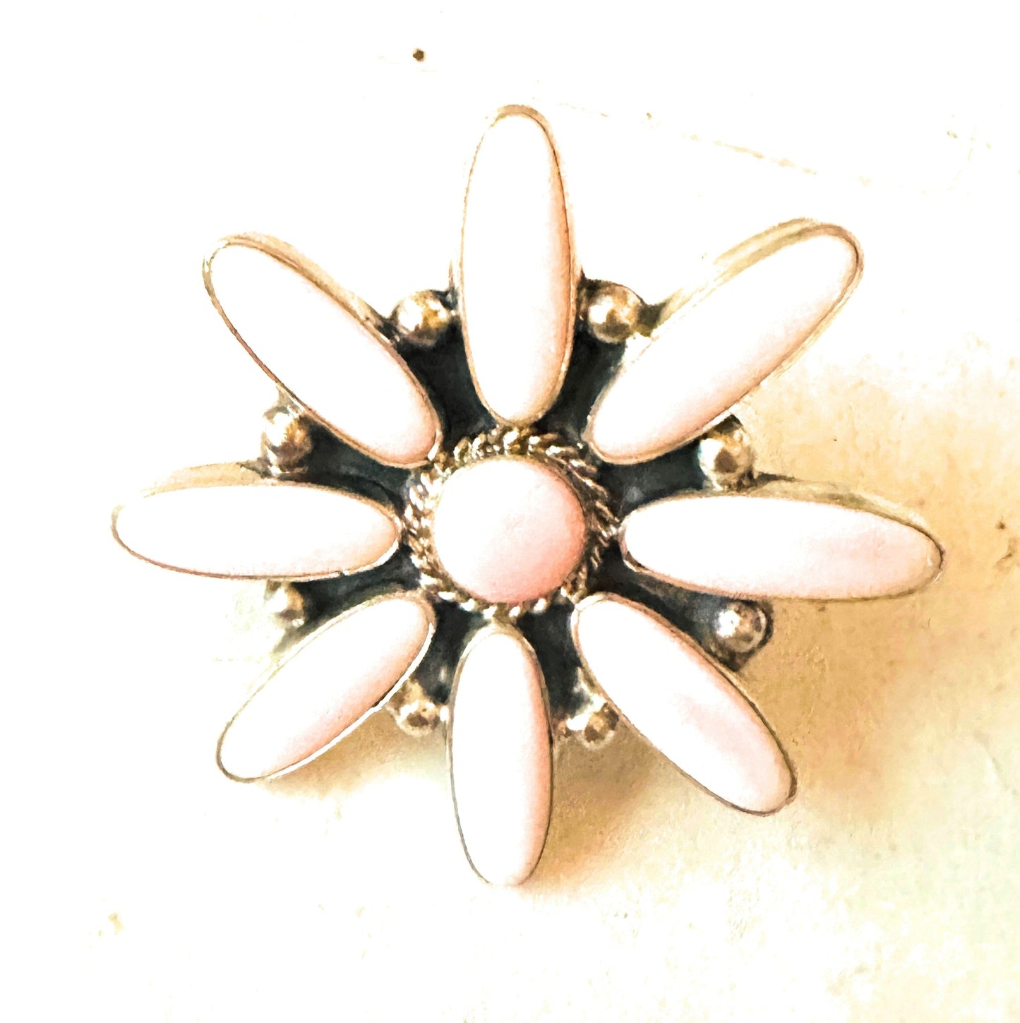 Handcrafted Sterling Silver & Queen Pink Conch Adjustable Flower Ring