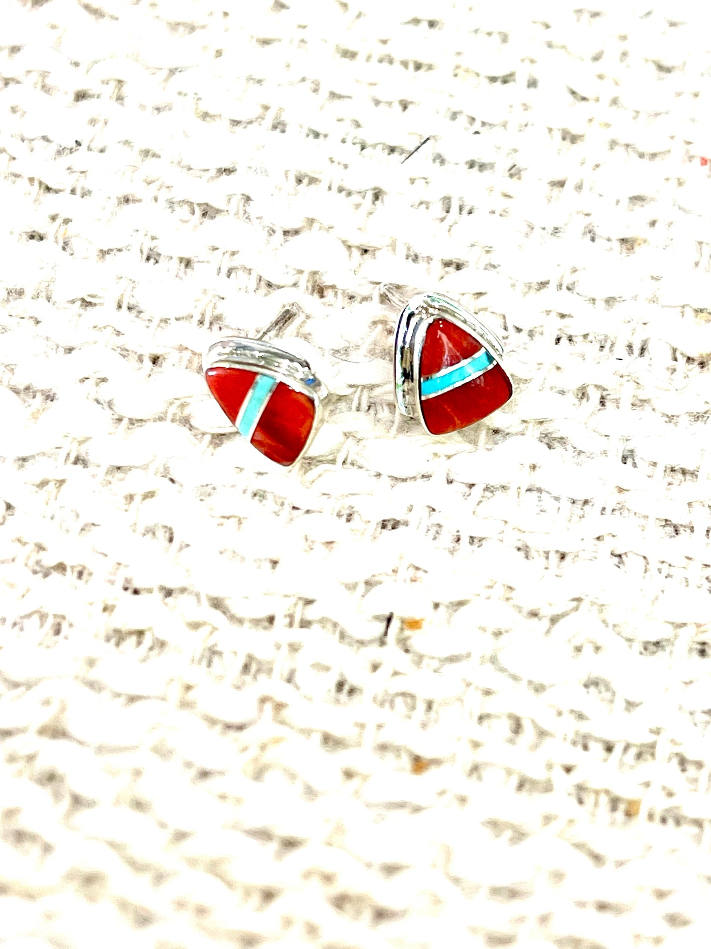 Gorgeous Handmade Sterling Silver, Red Spiny & Turquoise Inlay Stud Earrings