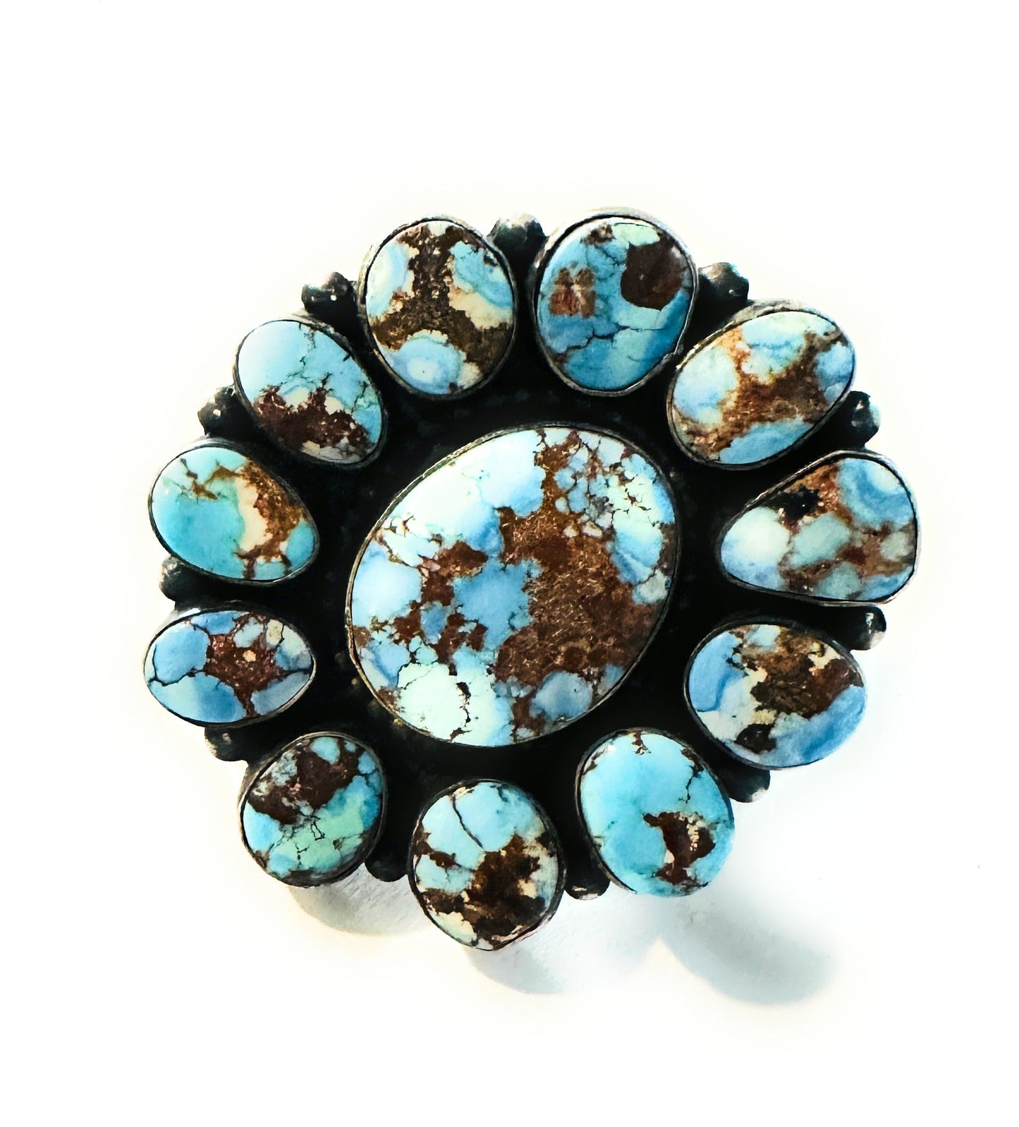 Handcrafted Golden Hills Turquoise & Sterling Silver Cluster Ring by Blaine Yellowhorse, Size 8.5