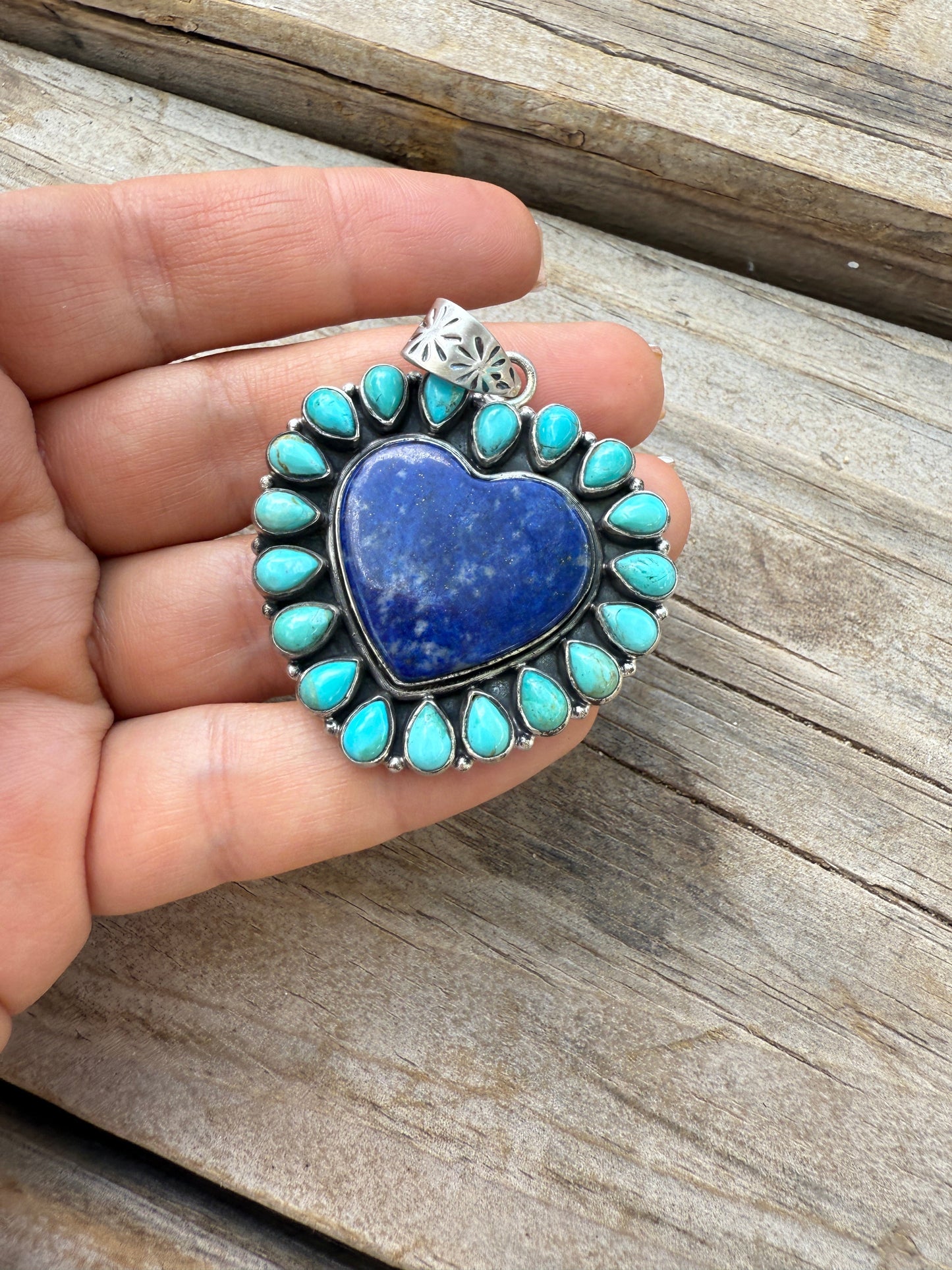 Handmade Stering Silver, Lapis & Kingman Turquoise Heart Pendant