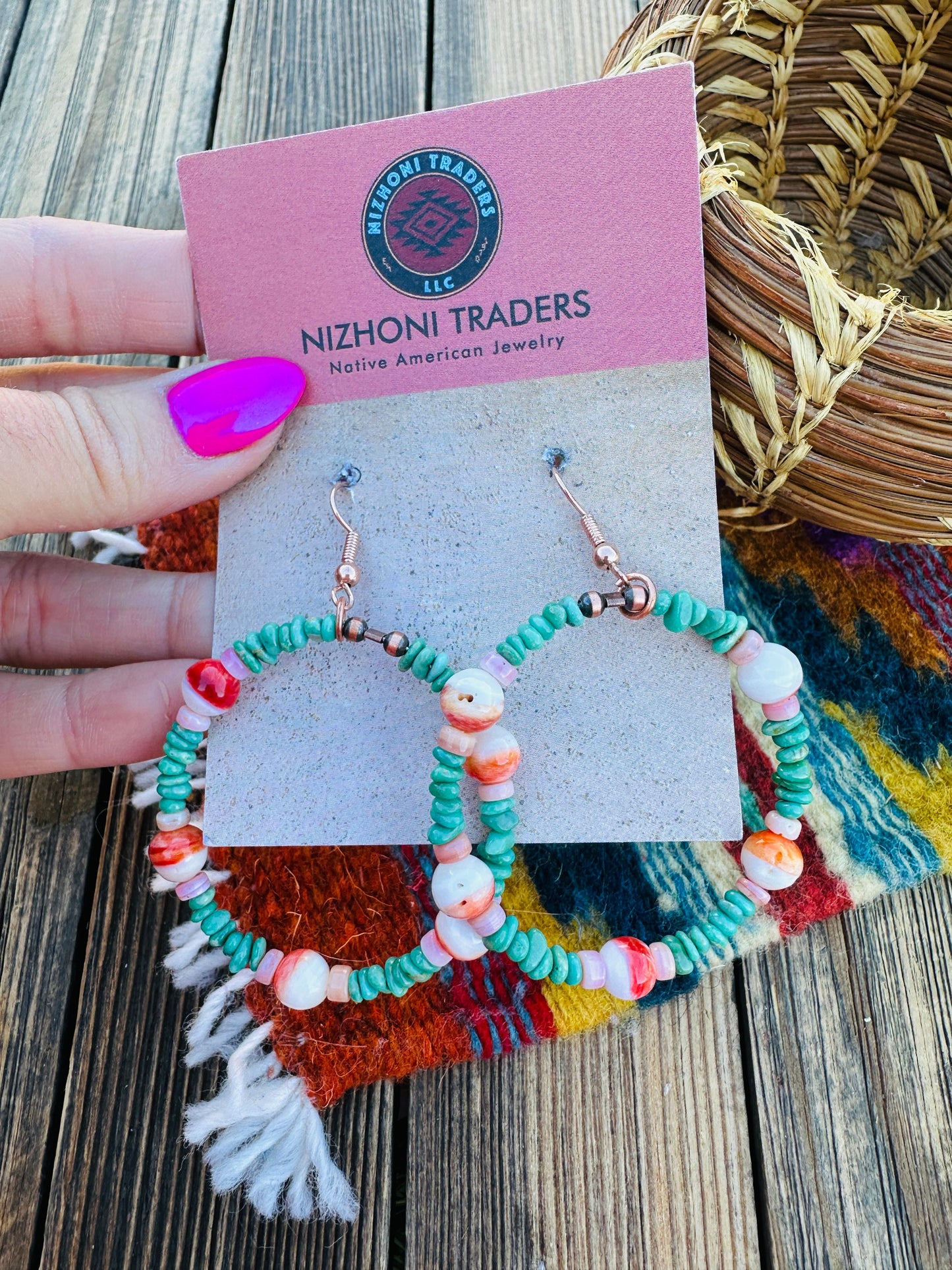 Handcrafted Queen Pink Conch, Turquoise & Copper Beaded Dangle Hoop Earrings