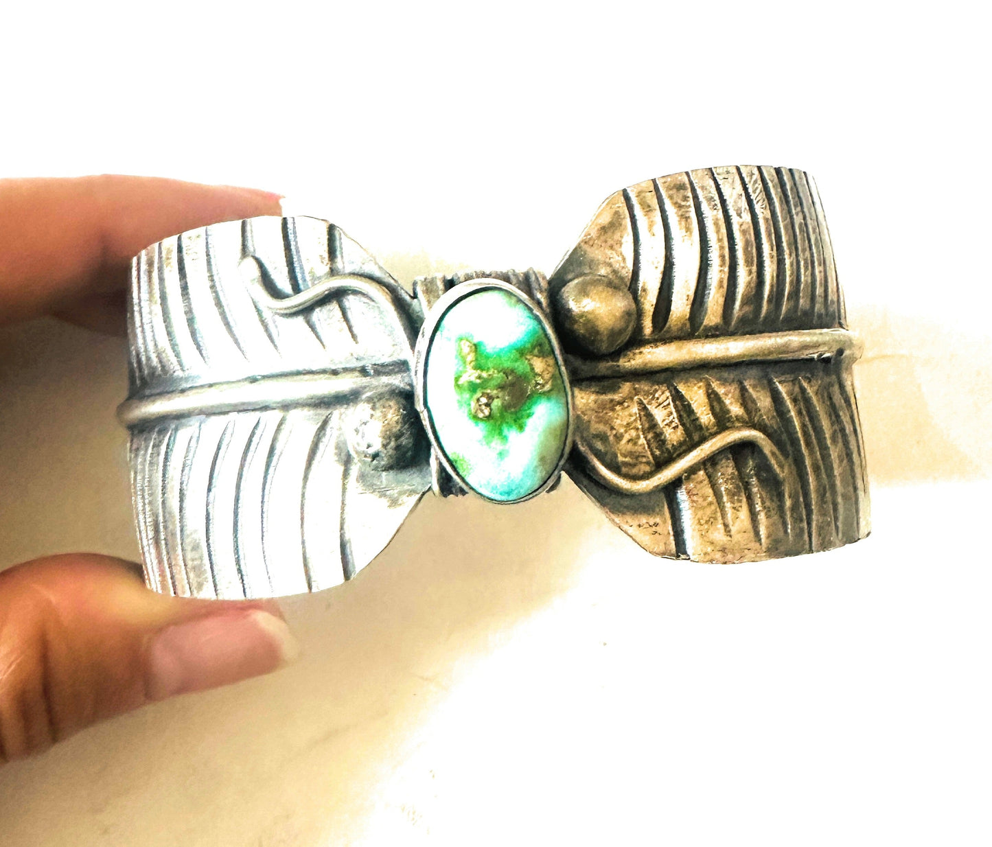 Handcrafted Sonoran Gold Turquoise & Sterling Silver Feather Cuff Bracelet