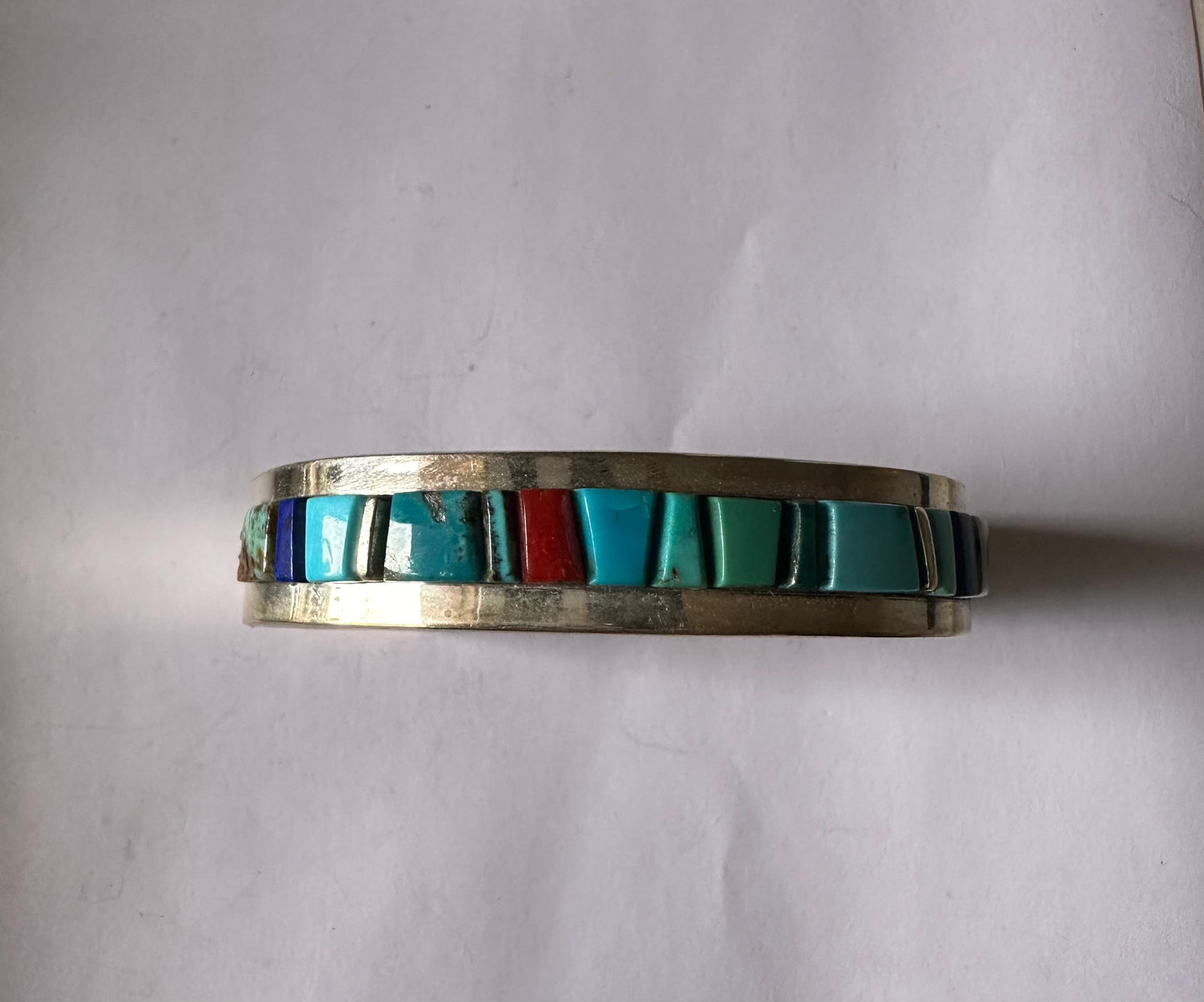 Handcrafted Multi Stone & Sterling Silver Inlay Cuff Bracelet Signed Patricia Ed Becenti